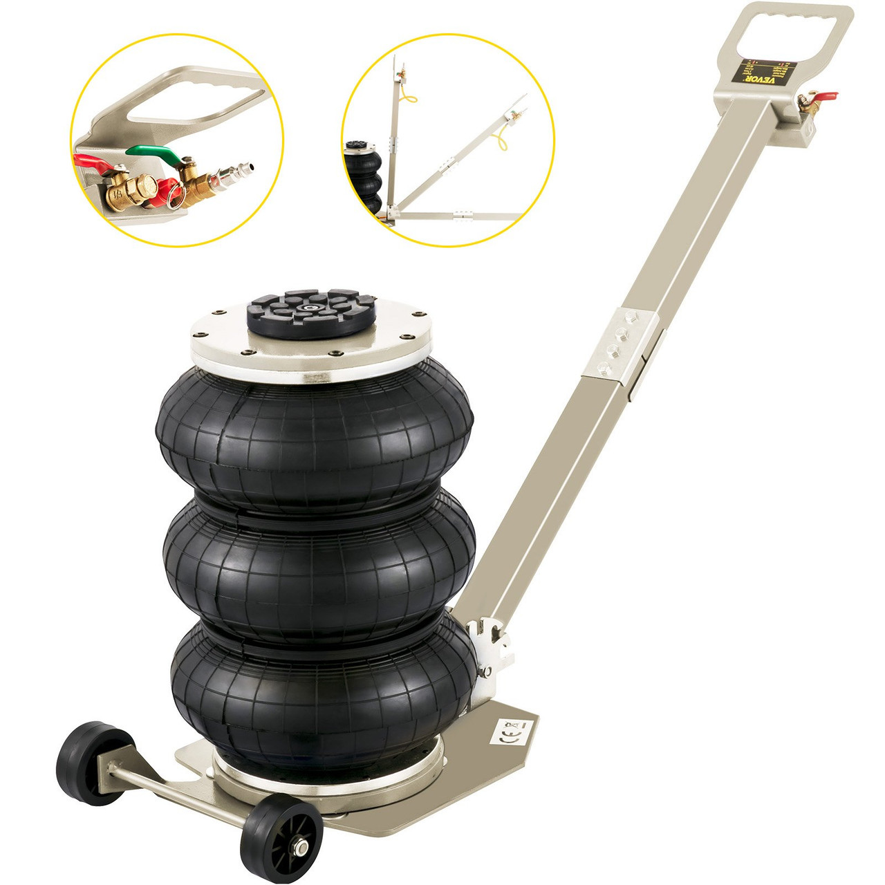 Air Bag Jack 6600lbs Capacity Pneumatic Jack Quick Lift 3T, Heavy Duty, Car Repair Jacks and Floor Jacks, Folding Rod Fast Lifting, Triple Bag, with Two Wheels, Quick Car Lifting Jack, White