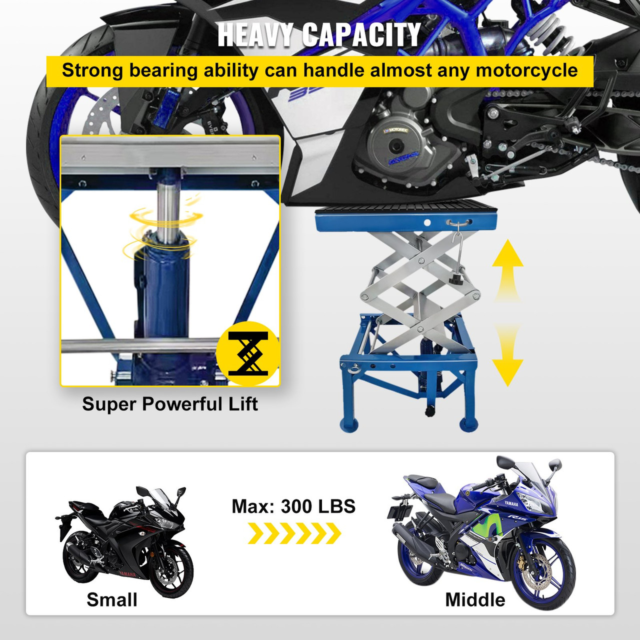 Motorcycle Jack, Scissor Jack 300lbs, Blue Bike Lift Table with Lockable Wheels