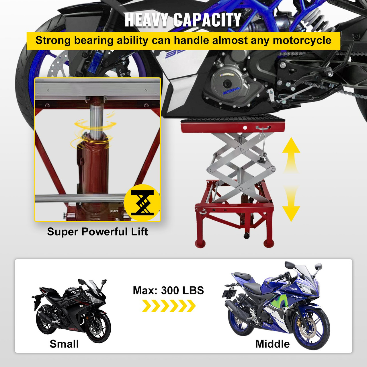 Motorcycle Jack, Scissor Jack 300lbs, Red Bike Lift Table with Lockable Wheels