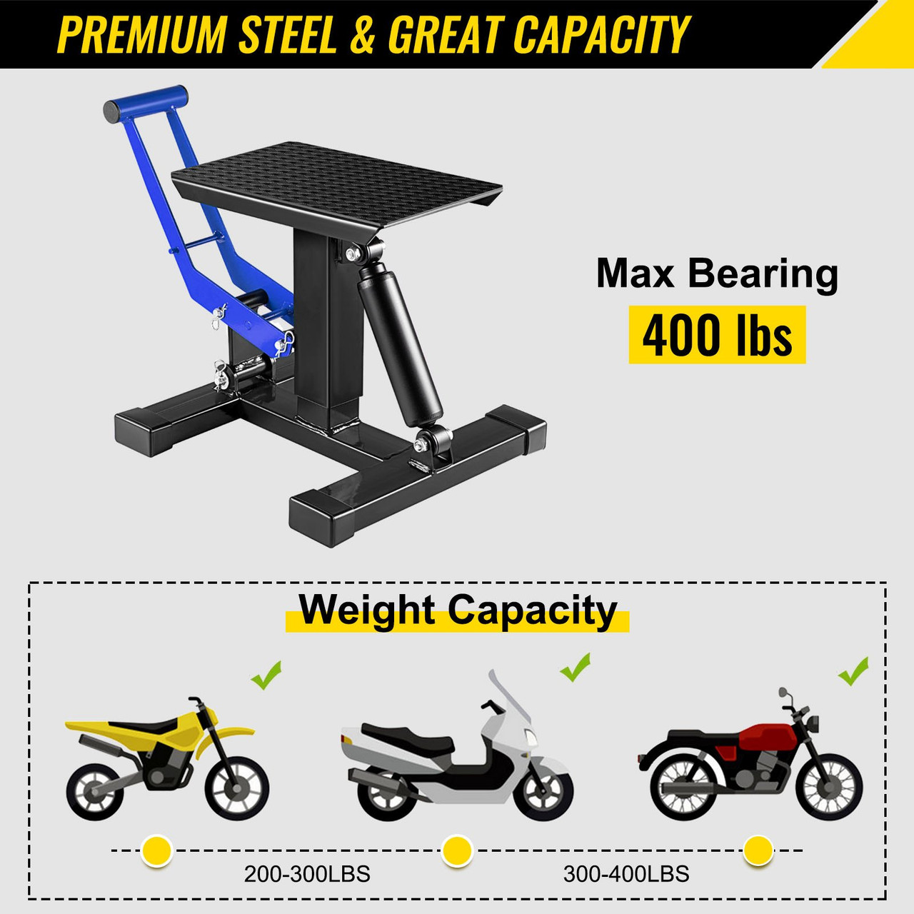 Motorcycle Dirt Bike Lift Stand, 400 Lbs Heavy Duty Motorcycle Lift Repair Stand, 9.0"-16.5" Adjustable Steel Lift Stand Dirt Bike Maintenance Table Rack, Black/Blue Jack Hoist Height Lift Stand