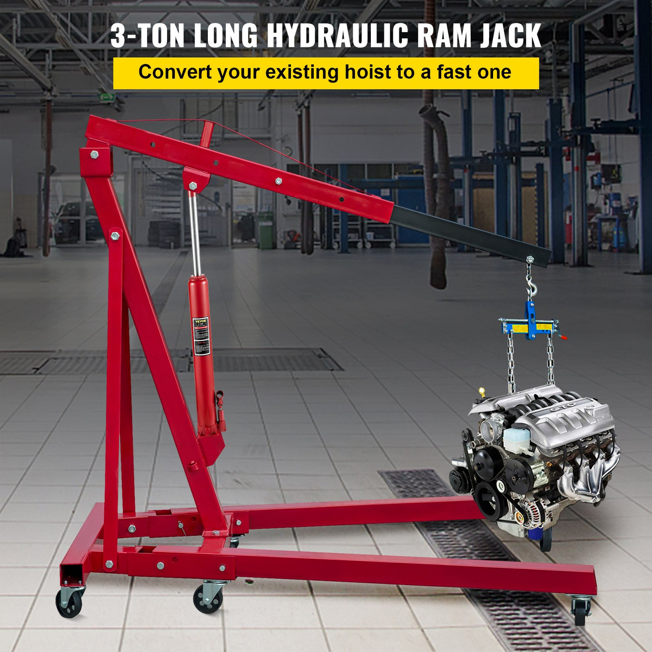 3-Ton Hydraulic Long Ram Jack Manual Single Pump Engine Lift Cherry Picker