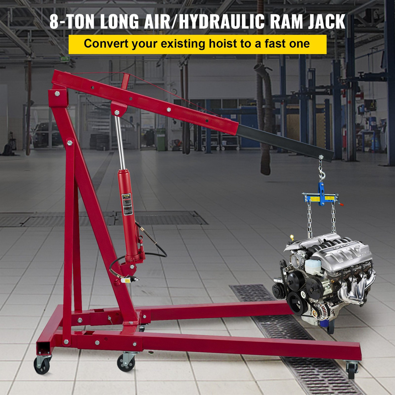 8-Ton Hydraulic/Air Long Ram Jack Single Pump Engine Lift Cherry Picker