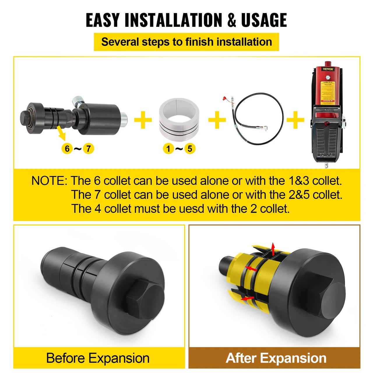 Hydraulic Exhaust Pipe Expander, 1-5/8" to 4-1/4" Size, 10 T Pedal Pump Included w/4 Dies and 2 Storing Cases for Copper, Aluminum Tubes in Car Repairing