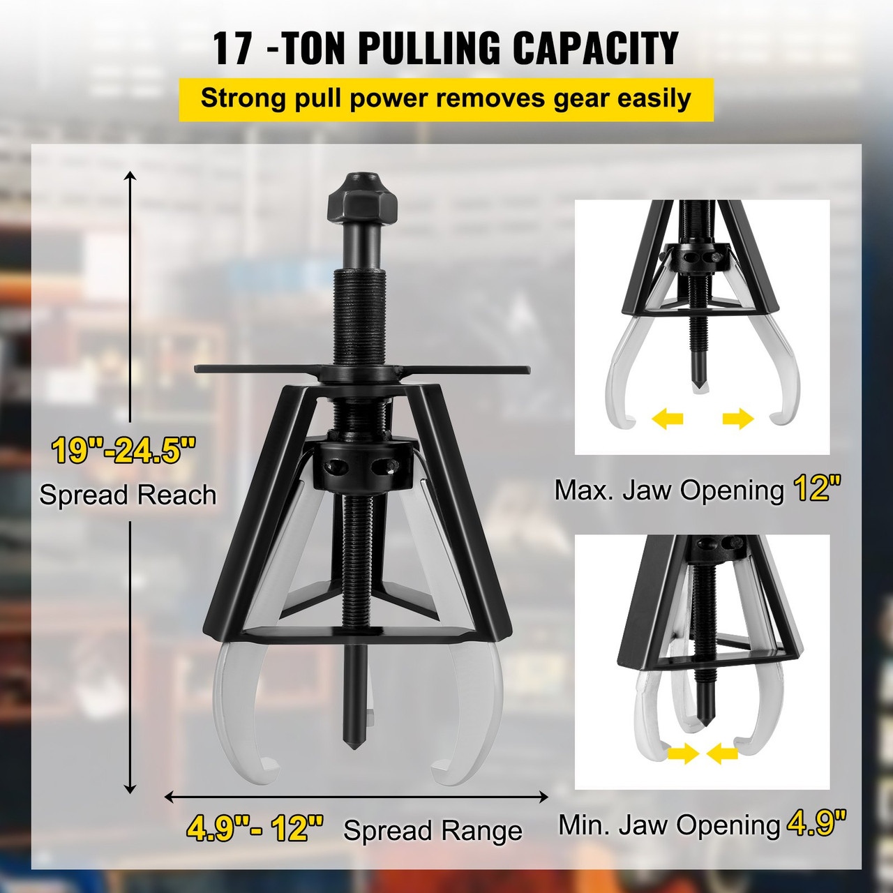3 Gear Jaw Puller, 17 Ton/37468 LBS Capacity Manual Puller,19" - 24.5" Spread Reach and 4.9" - 12" Spread Range, 20" Lead Screw Length Gear Removal Tools for Slide Gears, Pulleys, and Flywheels