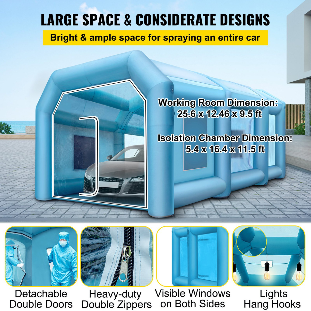 VEVOR 33x16.4x11.5FT Inflatable Spray Booth Car Paint Tent 1100w+350w Blowers