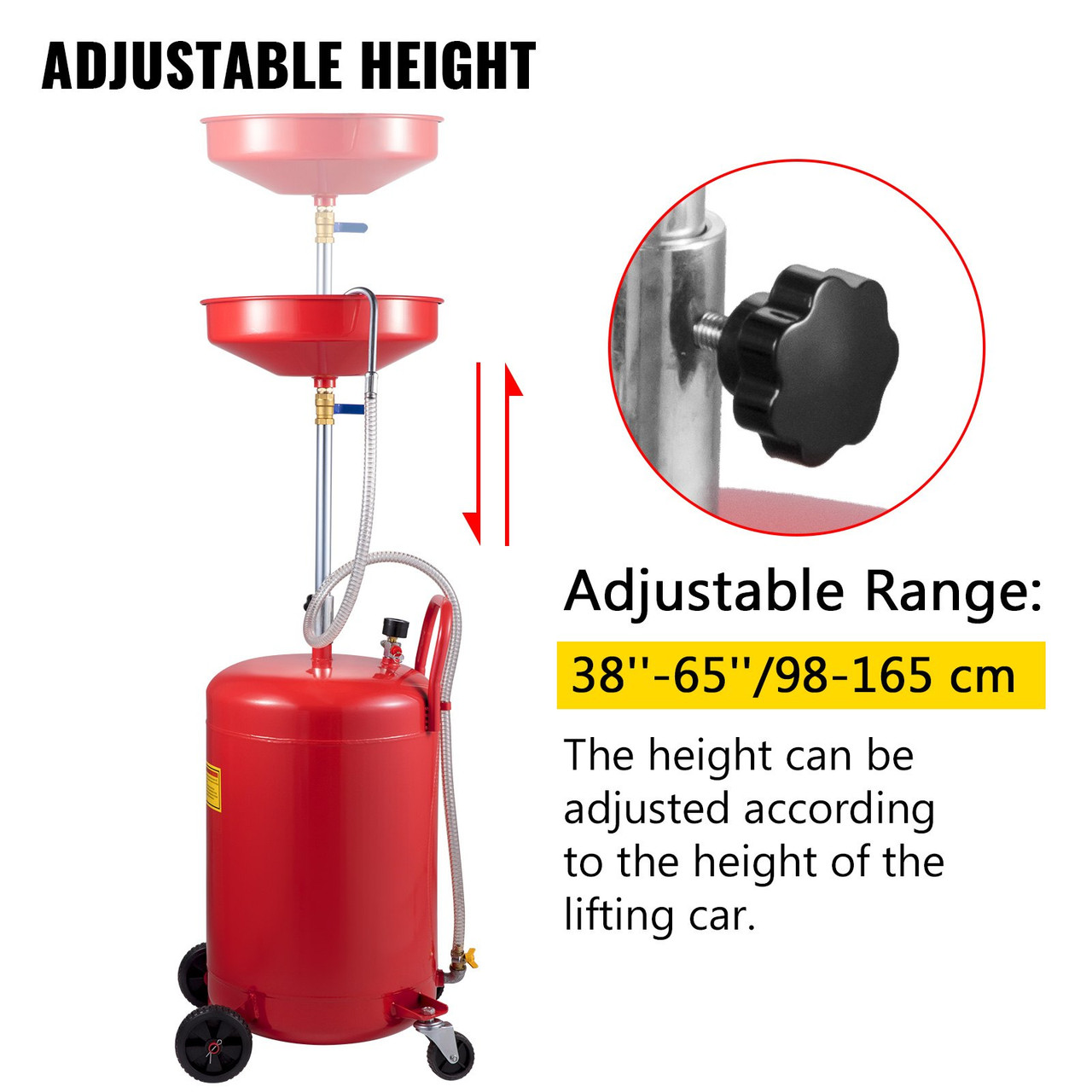 Waste Oil Drain Tank 20 Gallon Portable Oil Drain Air Operated Drainer Oil Change, Oil Drain Container, Fluid Fuel Transfer Drainage Adjustable Funnel Height, with Wheel for Easy Oil Removal