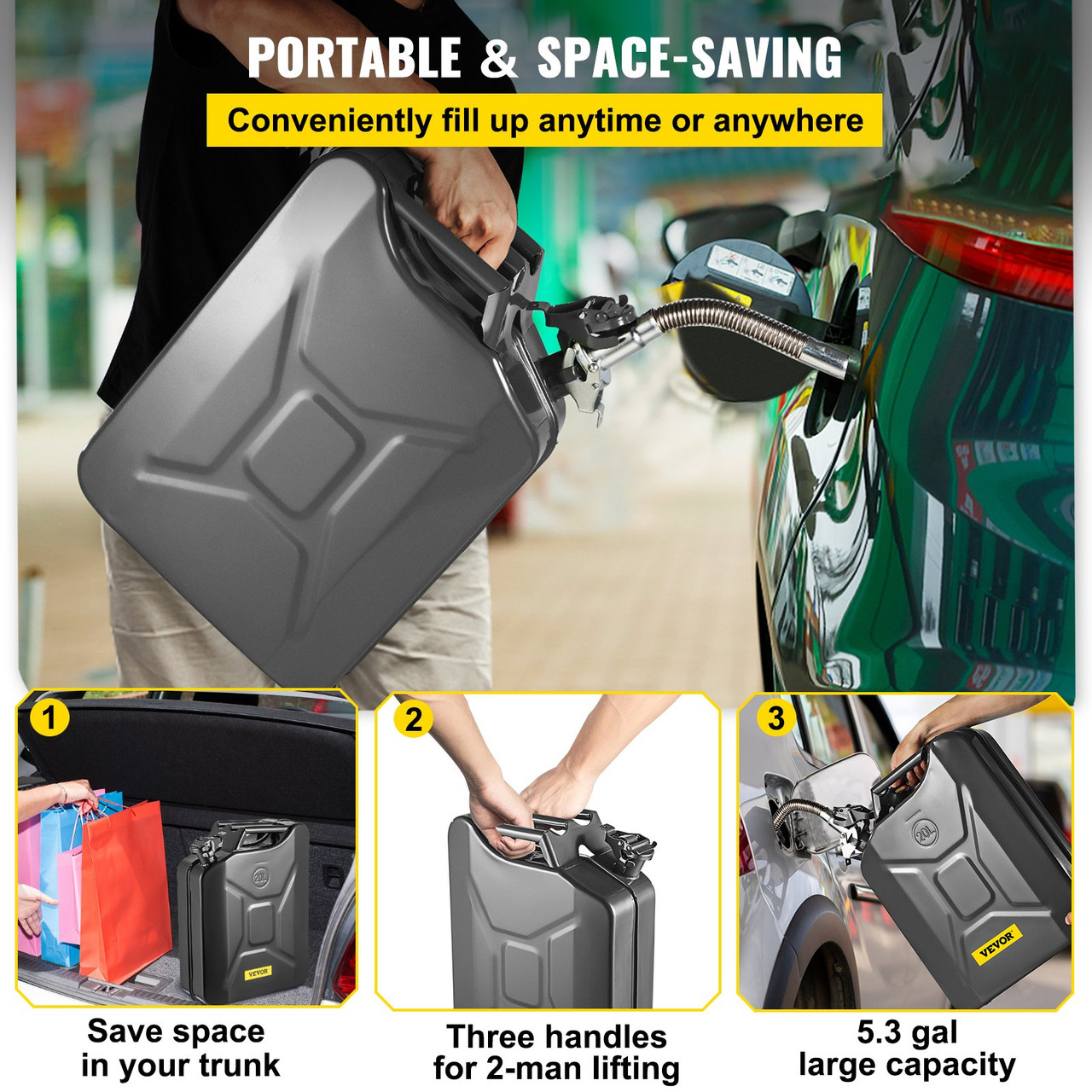 Oil Can 5.3 Gal / 20L Fuel Can with Flexible Spout for Cars Black