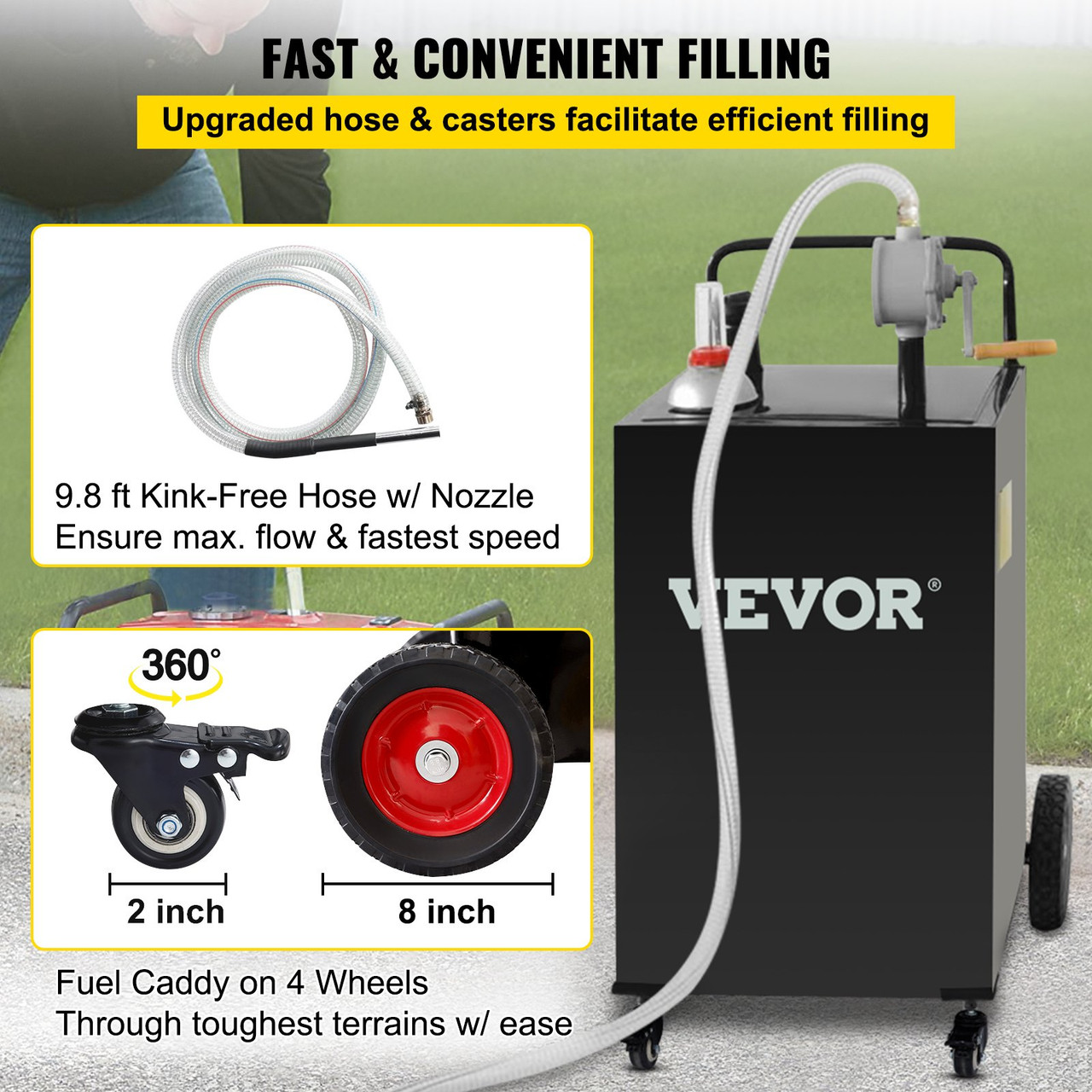 Fuel Caddy Fuel Storage Tank 35 Gallon 4 Wheels with Manuel Pump, Black