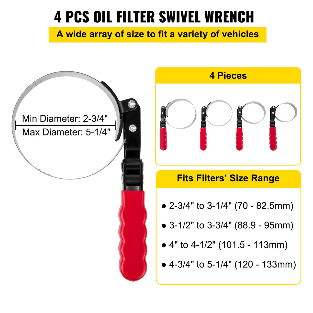 Swivel Oil Filter Wrench, 4 Pieces Oil Filter Swivel Wrench 2-3/4" to 3-1/4", 3-1/2" to 3-3/4" Oil Filter Strap Wrench, 4" to 4-1/2" Oil Filter Band Wrench, 4-3/4" to 5-1/4" Filter Wrenches