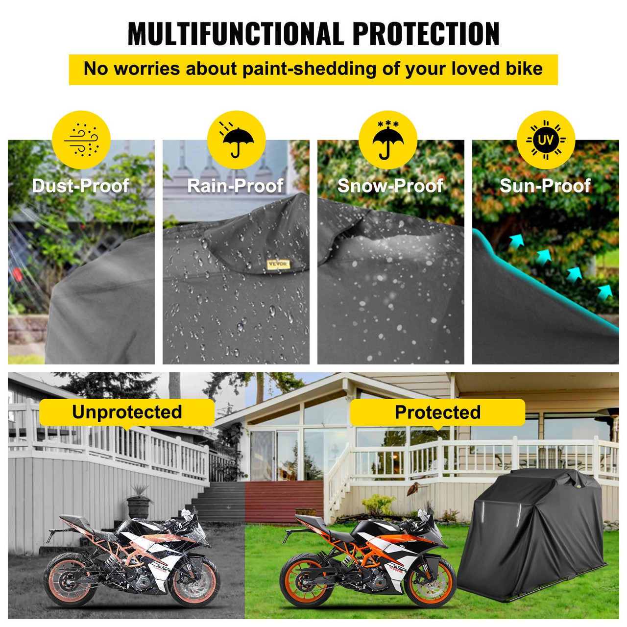 Motorcycle Shelter, Waterproof Motorcycle Cover, Heavy Duty Motorcycle Shelter Shed, 600D Oxford Motorbike Shed Anti-UV, 133.9"x53.9"x76.8" Black Shelter Storage Garage Tent w/Lock & Weight Bag