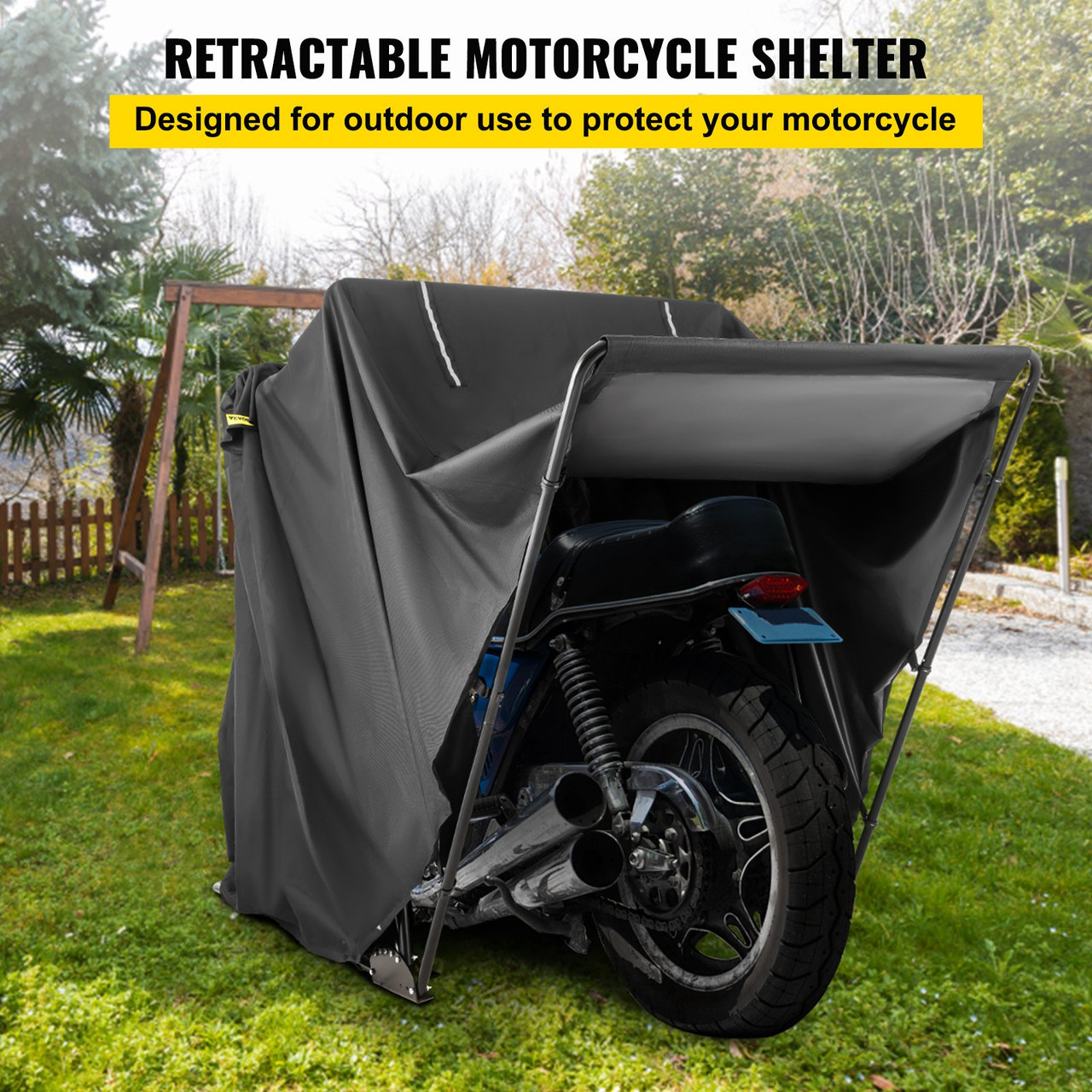 Motorcycle Shelter, Waterproof Motorcycle Cover, Heavy Duty Motorcycle Shelter Shed, 600D Oxford Motorbike Shed Anti-UV, 133.9"x53.9"x76.8" Black Shelter Storage Garage Tent w/Lock & Weight Bag