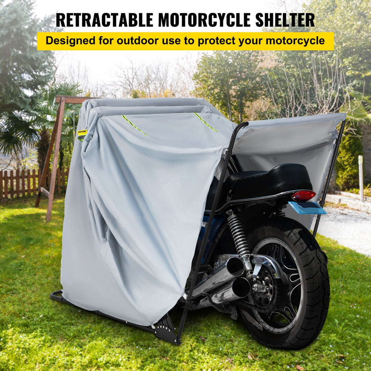 Motorcycle Shelter, Waterproof Motorcycle Cover, Heavy Duty Motorcycle Shelter Shed, 420D Oxford Motorbike Shed Anti-UV, 133.9"x53.9"x76.8" Grey Shelter Storage Garage Tent w/ Lock & Weight Bag
