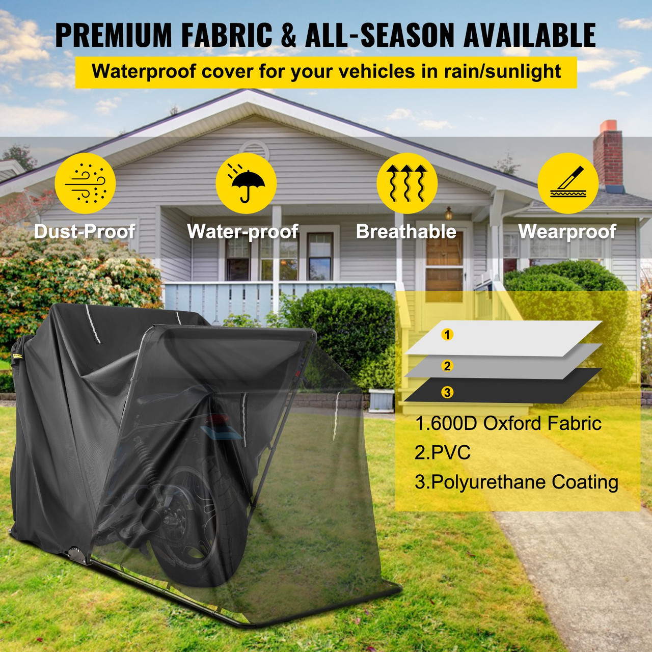 Motorcycle Shelter, Waterproof Motorcycle Cover, Heavy Duty Motorcycle Shelter Shed, 600D Oxford Motorbike Shed Anti-UV, 106.3"x41.3"x61" Black Shelter Storage Garage Tent w/ Lock & Weight Bag