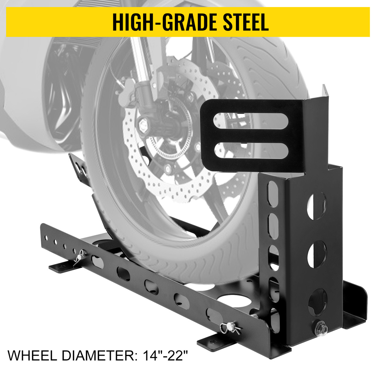 Motorcycle Front Tire Chock, 3000 lbs Heavy Duty Wheel Stand, Black Upright Motorbike Front Chock for 14"-22" Wheels, High-Grade Steel Trailer Stand, with Stable Tubes & Adjustable Holes