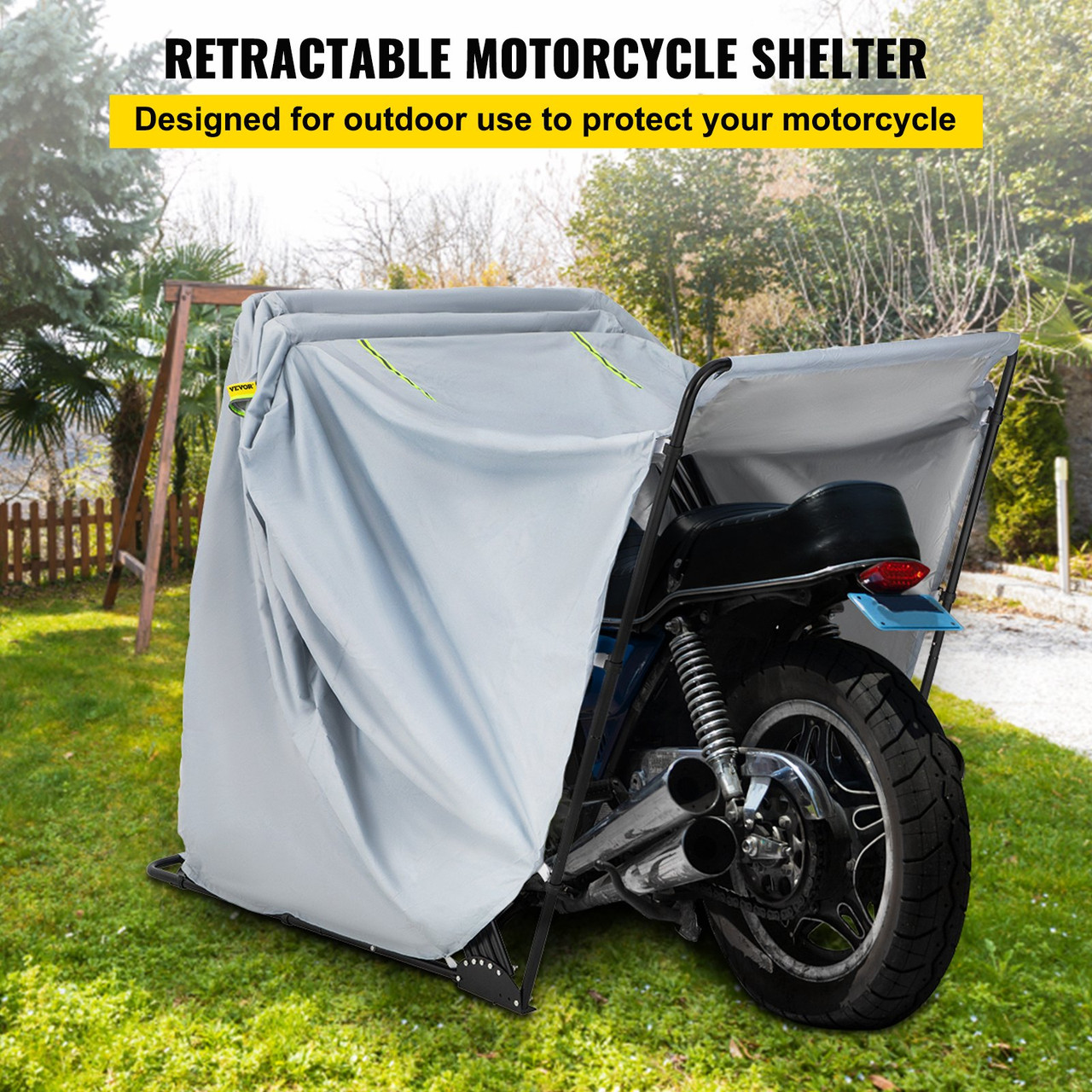 Motorcycle Shelter, Waterproof Motorcycle Cover, Heavy Duty Motorcycle Shelter Shed, 420D Oxford Motorbike Shed Anti-UV, 110.2"x41.3"x63.8" Grey Shelter Storage Garage Tent w/Lock & Weight Bag