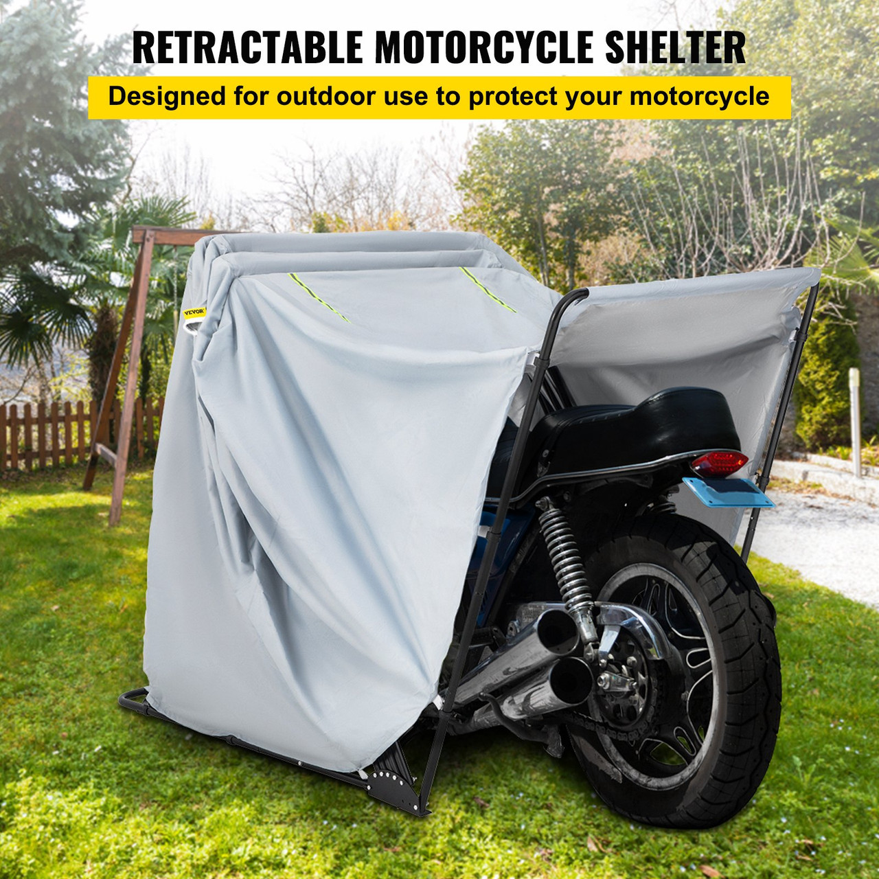 Motorcycle Shelter, Waterproof Motorcycle Cover, Heavy Duty Motorcycle Shelter Shed, 420D Oxford Motorbike Shed Anti-UV, 106.3"x41.3"x62.9" Silver Shelter Storage Tent with Lock & Weight Bag