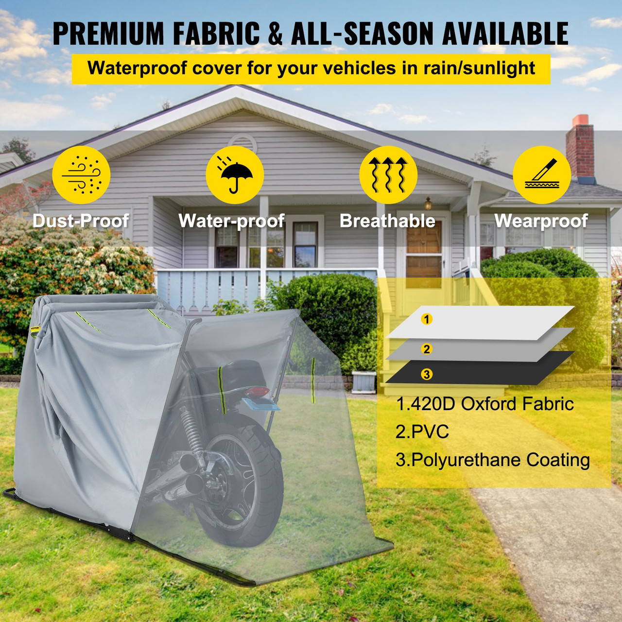 Waterproof Motorcycle Cover, Motorcycle Shelter,Heavy Duty Motorcycle Shelter Shed, 420D Oxford Motorbike Shed Anti-UV, 106.3"x41.3"x62.9" Grey Shelter Storage Garage Tent w/Lock & Weight Bag