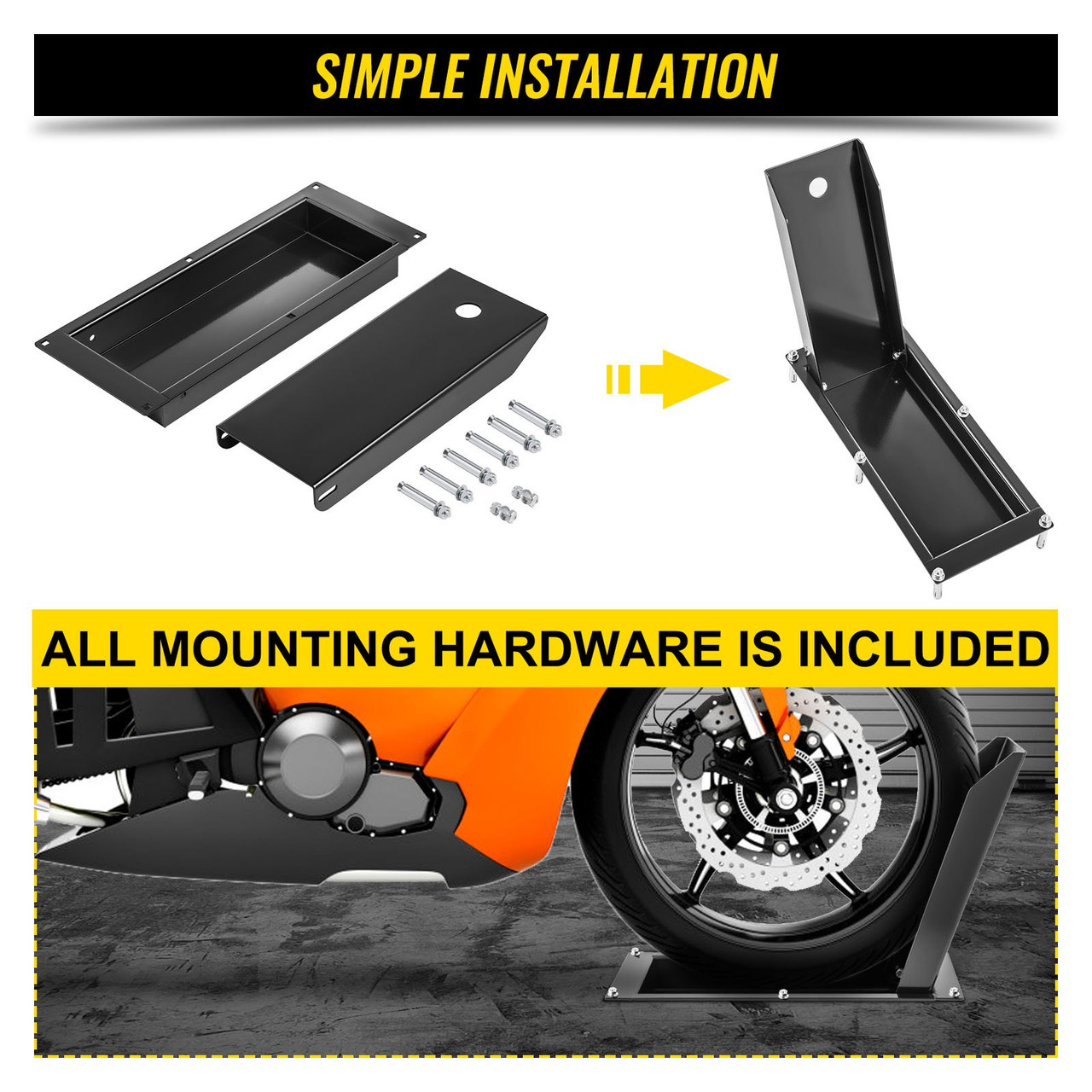 Recessed Wheel Chock, 1200 lbs Heavy Duty Wheel Stand, Black Motorbike Front Chock for 16" Wheels, High-Grade Steel Trailer Stand, with Space-Saving Design & Pre-Drilled Holes (Small-16 Inch)