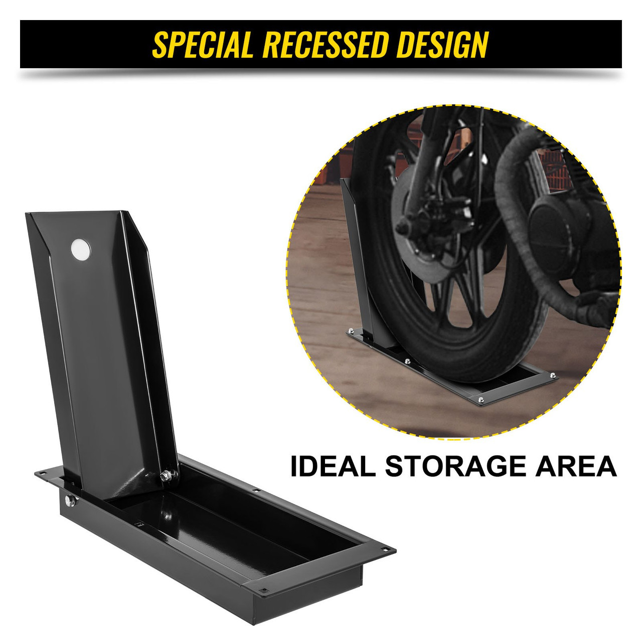 Recessed Wheel Chock, 1200 lbs Heavy Duty Wheel Stand, Black Motorbike Front Chock for 16" Wheels, High-Grade Steel Trailer Stand, with Space-Saving Design & Pre-Drilled Holes (Small-16 Inch)