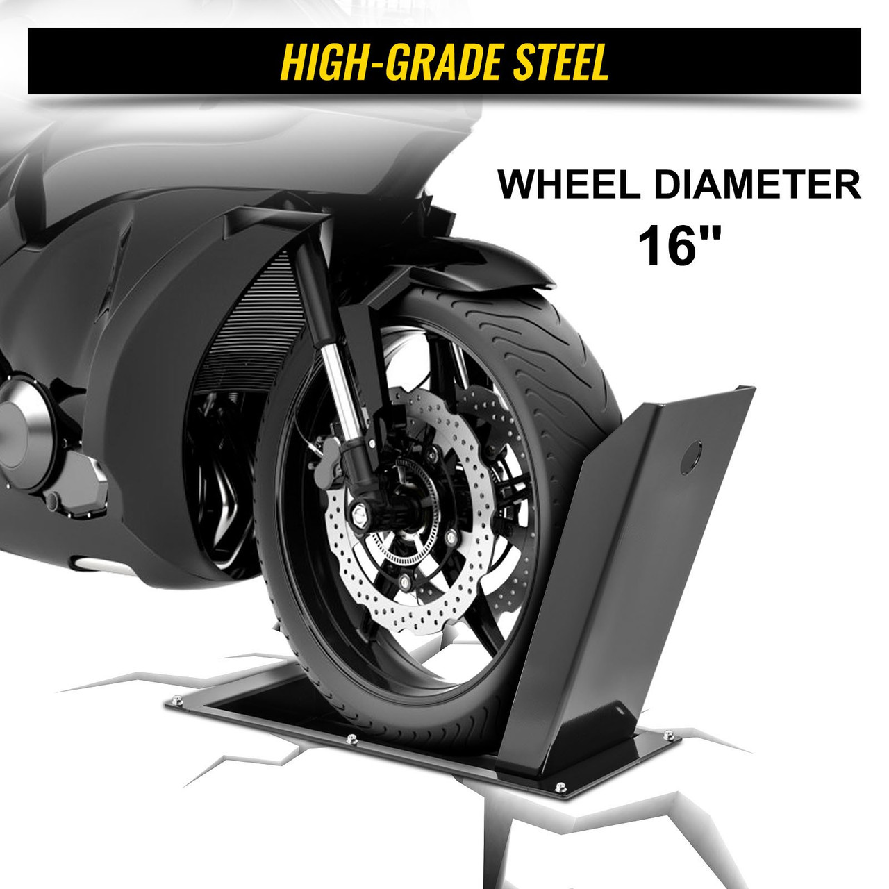 Recessed Wheel Chock, 1200 lbs Heavy Duty Wheel Stand, Black Motorbike Front Chock for 16" Wheels, High-Grade Steel Trailer Stand, with Space-Saving Design & Pre-Drilled Holes (Small-16 Inch)