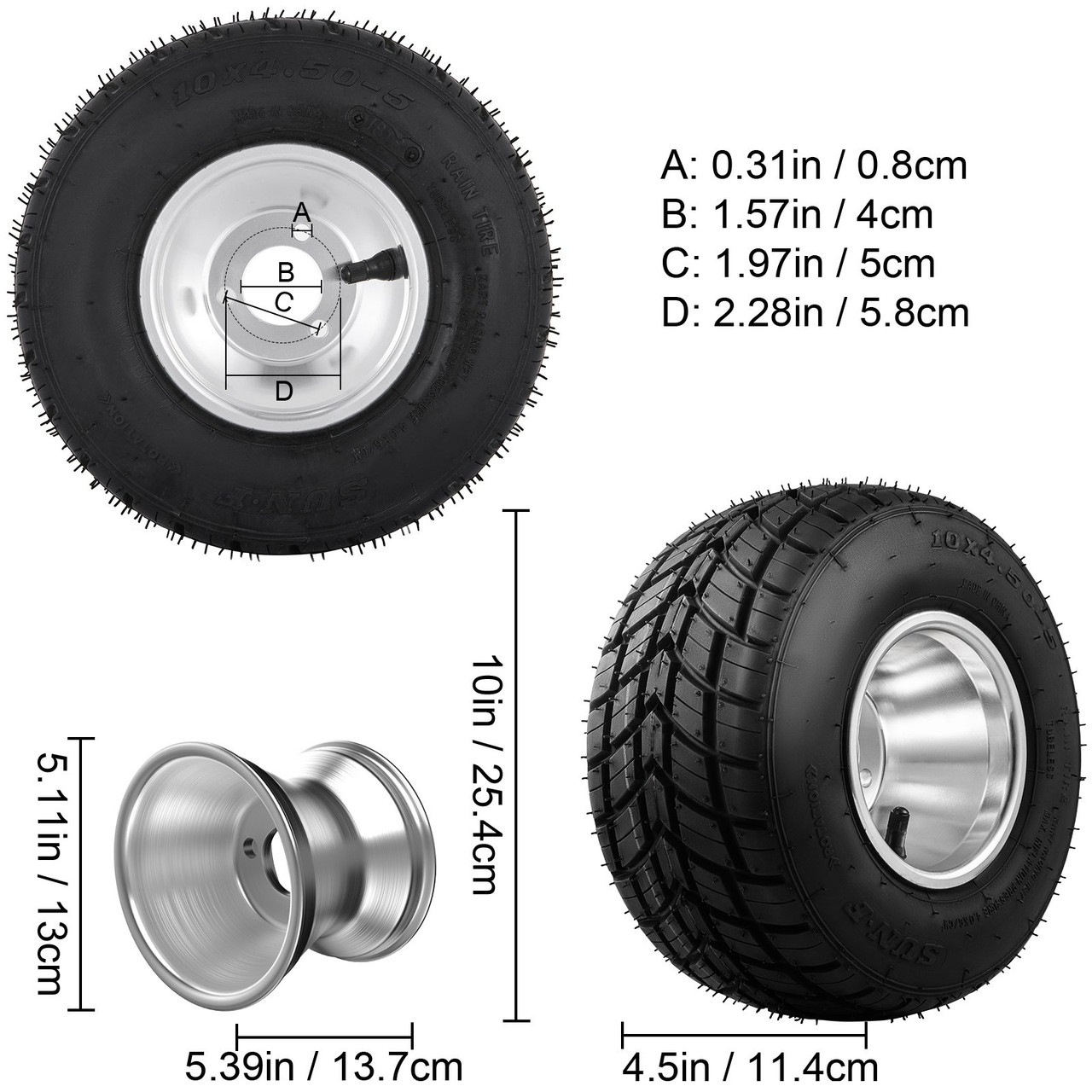 Go Kart Tires and Rims, 2pcs Front Tires Rims, Go Cart Wheels and Tires 10"x4.5" Front, HUB- Rim Fit Bolt Pattern 58 mm/2.28 inch with 3 Holes for Go Kart, Drift Trike, Buggy