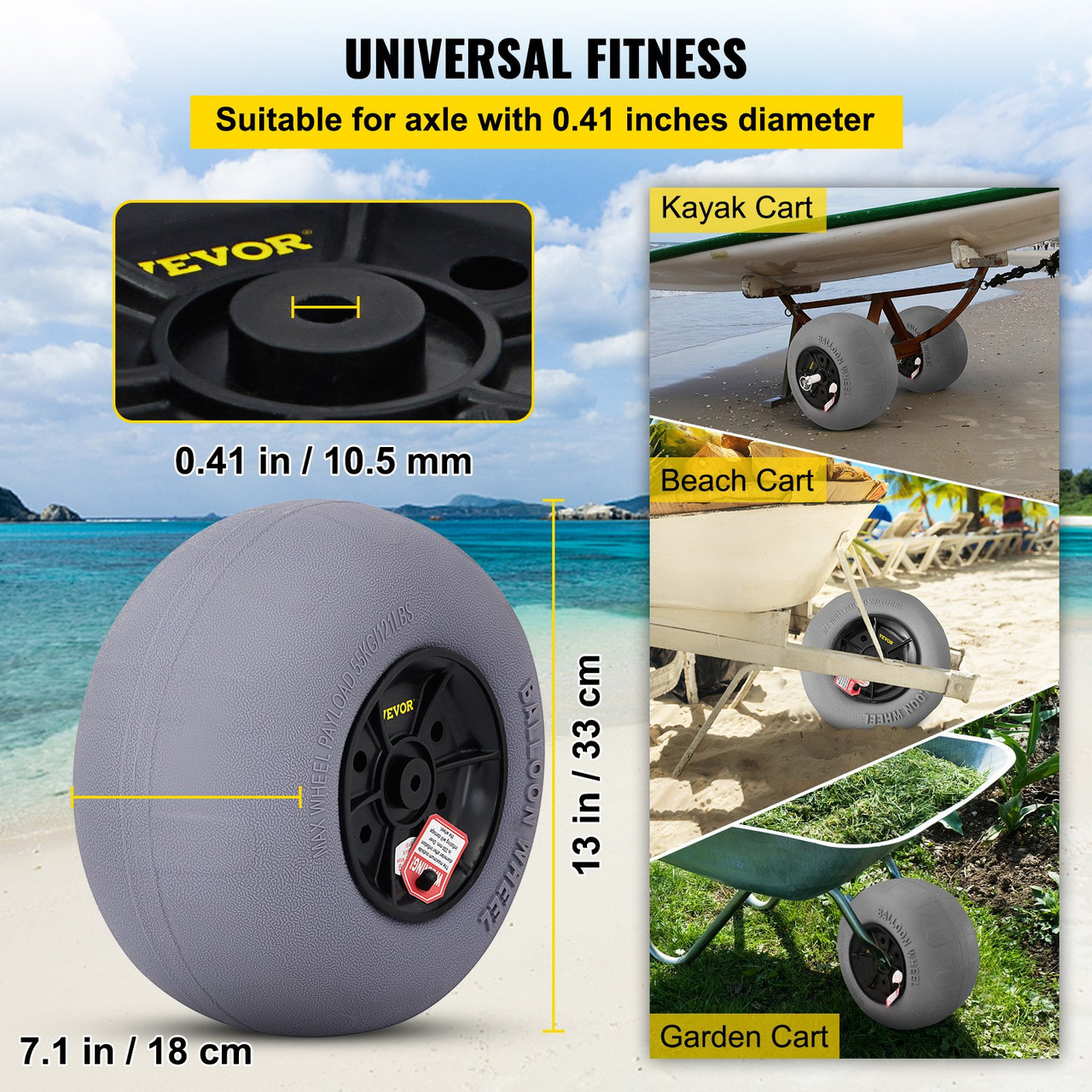Balloon Beach Wheels Replacement Beach Tires 13" Diam. & 32" Axle TPU