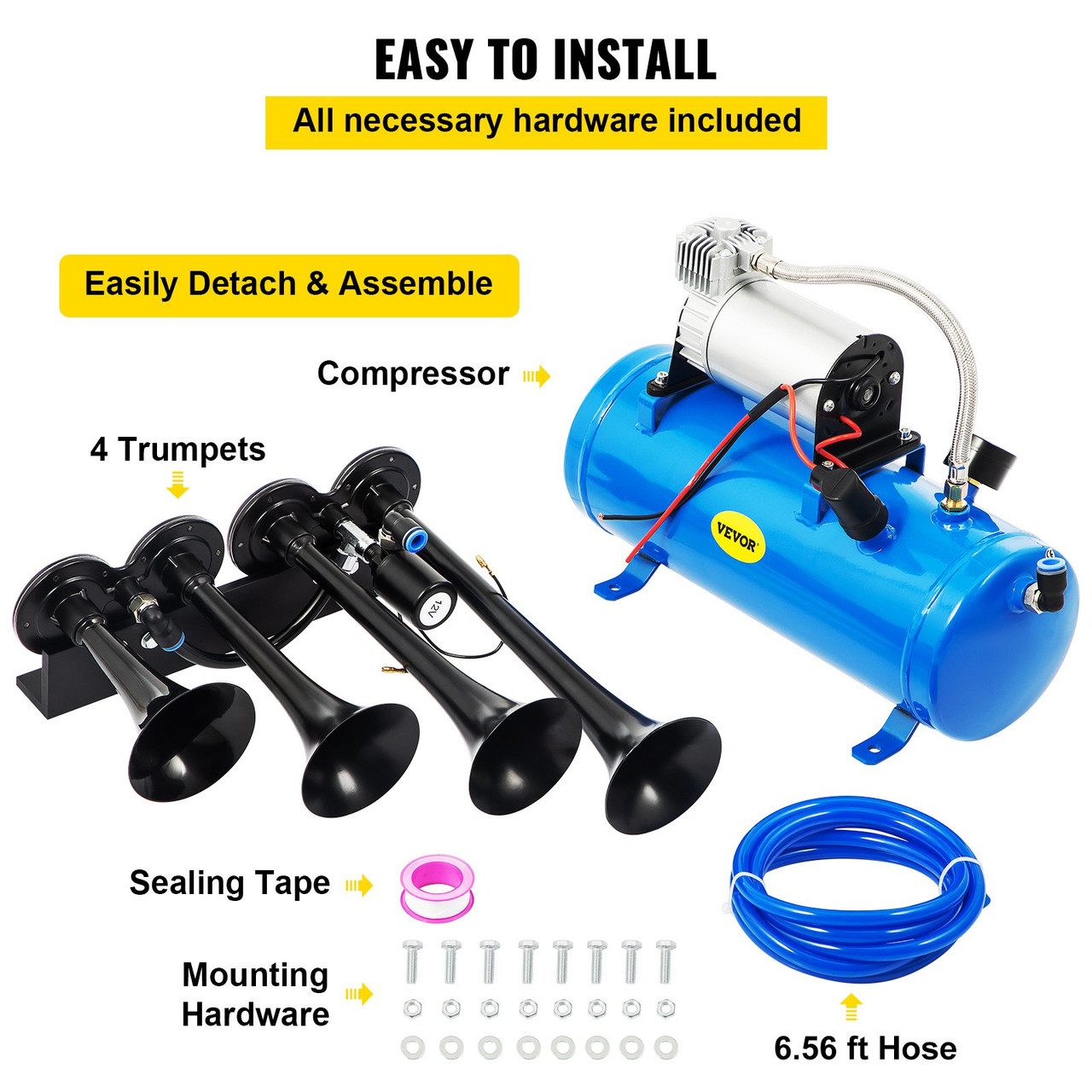 Train Horn Kit 4 Trumpet 12V Train Air Horn 150 Decibels with 1.6 Gal Tank 150 PSI Air Compressor for Truck Complete Kit and Blaster Train Horn Kit for Truck, Car and Motocycle