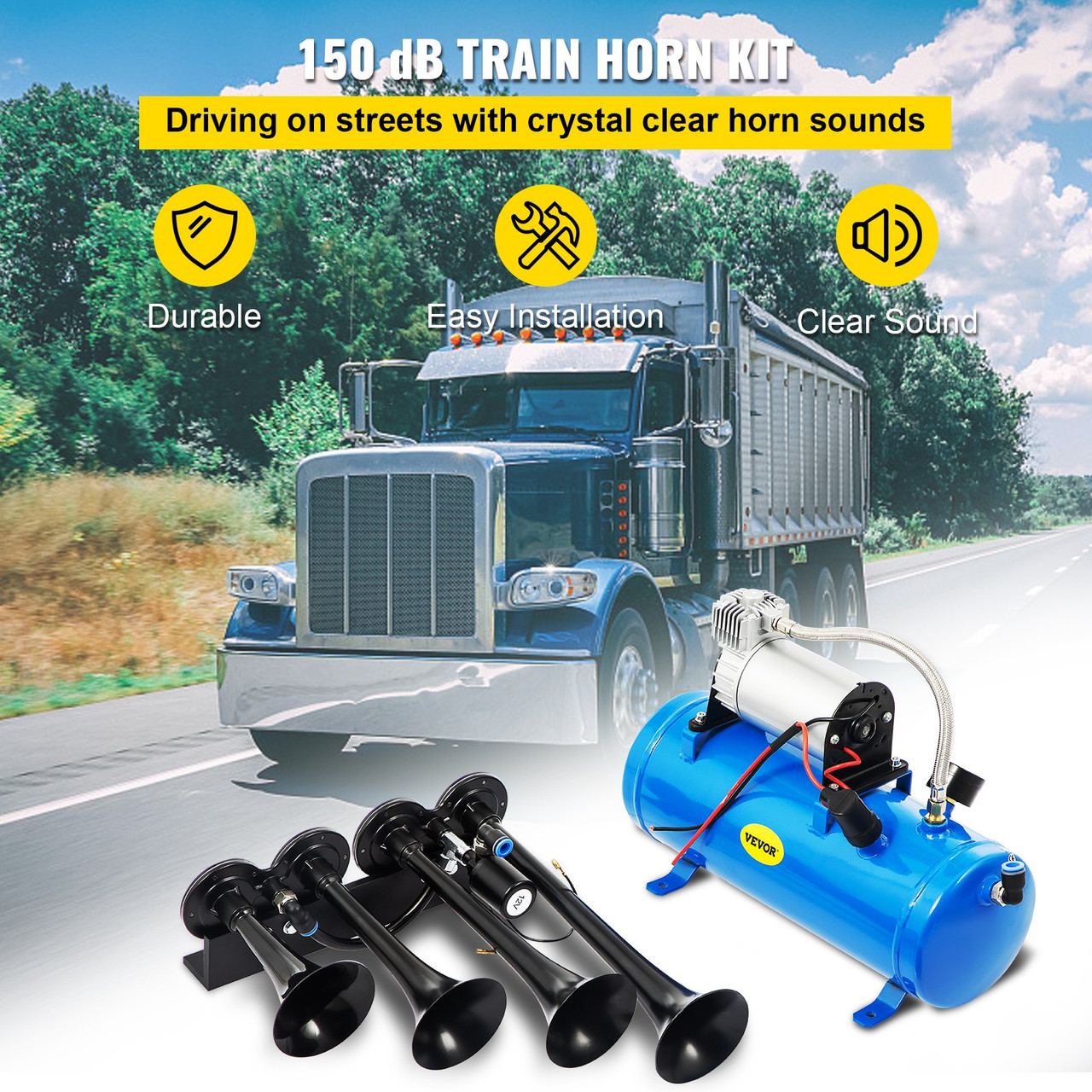 4 Train Air Horn Kit Semi Truck Boat w/ 150 PSI Compressor 12V 3 Liters  Truck Accessoires