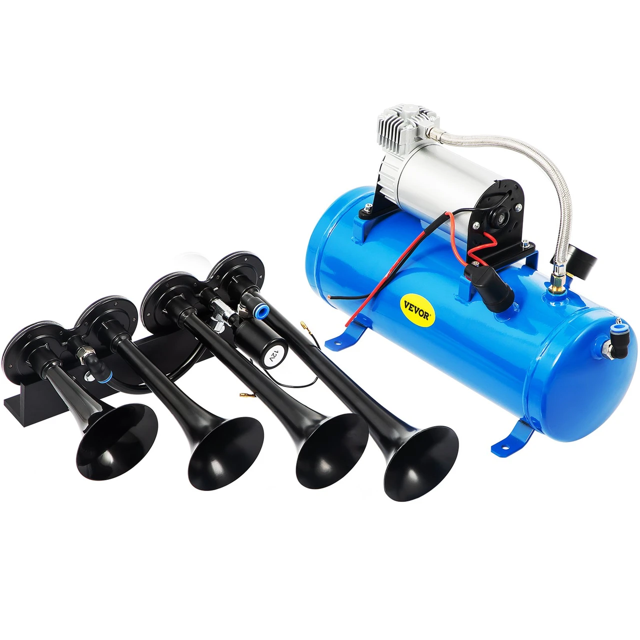 Train Horn Kit 4 Trumpet 12V Train Air Horn 150 Decibels with 1.6 Gal Tank 150 PSI Air Compressor for Truck Complete Kit and Blaster Train Horn Kit for Truck, Car and Motocycle