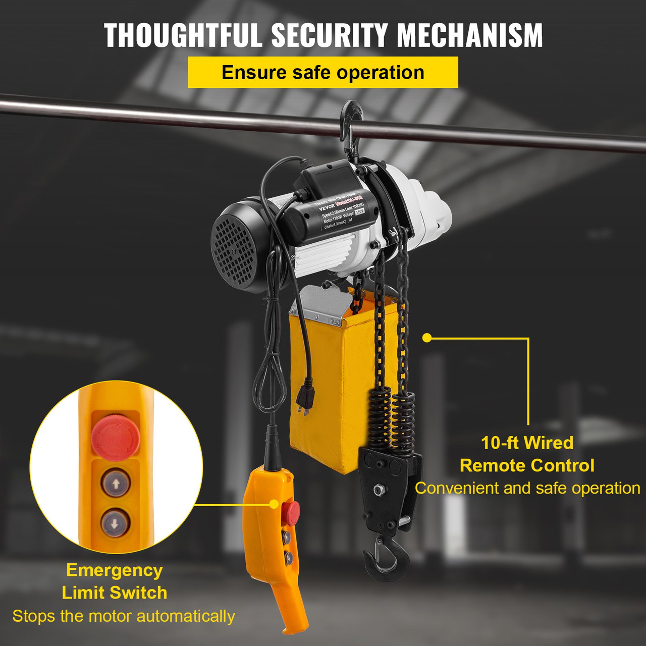 Electric Chain Hoist, 2200lbs Capacity Single Phase Crane Hoist, 1T Electric Chain Lift Hoist, 10ft Lift Height, 110V Overhead Chain Hoist with G80 Chain, Swivel Hook, Remote Control for Garage