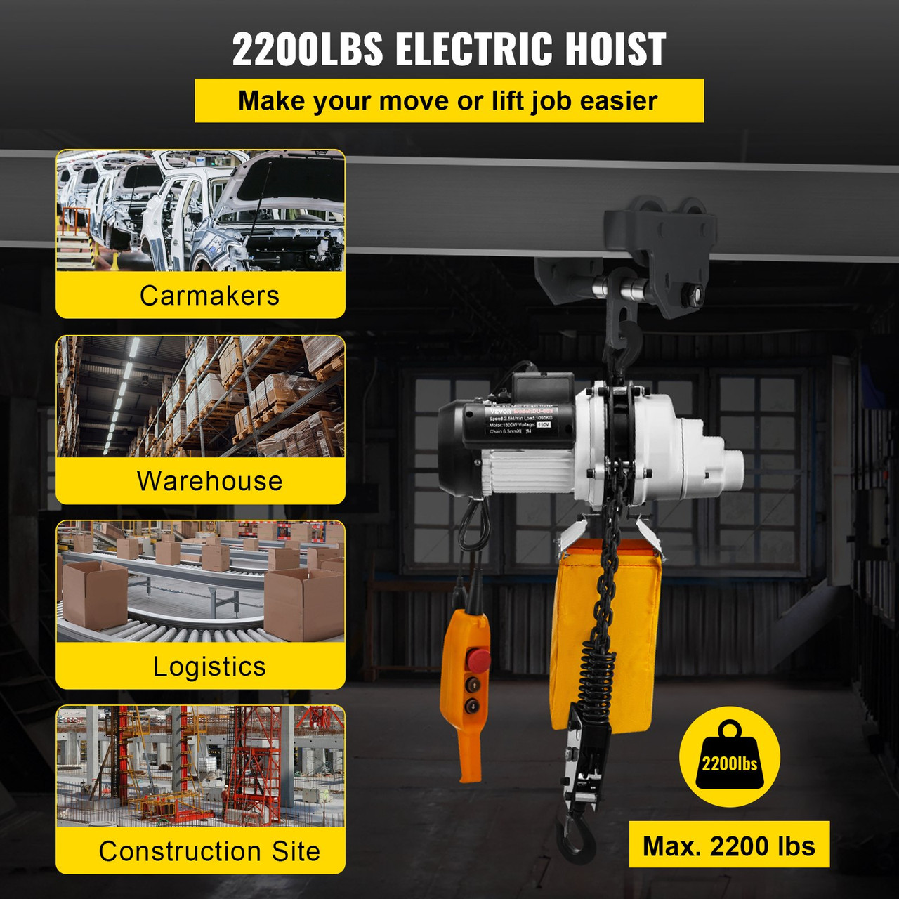 Electric Chain Hoist, 2200lbs Capacity Single Phase Crane Hoist, 1T Electric Chain Lift Hoist, 10ft Lift Height, 110V Overhead Chain Hoist with G80 Chain, Swivel Hook, Remote Control for Garage