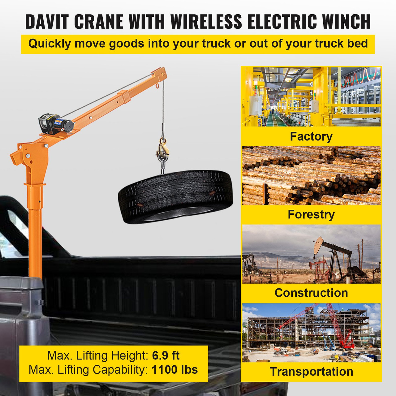Davit Crane, 1100 lbs Truck Crane, Wireless Remote Control Dock Crane, 12V 360ø Swivel Electric Crane for Truck, Crane Hitch for Lifting Goods in Construction, Forestry, Factory, and Transport