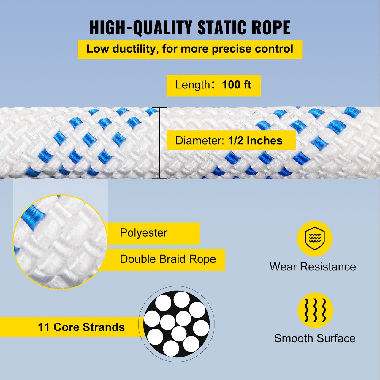 1/2 in 100 FT Yellow Double Braided Rope Polyester Rope Heavy Duty Rope for  Tree Work Suitable for Outdoor Use