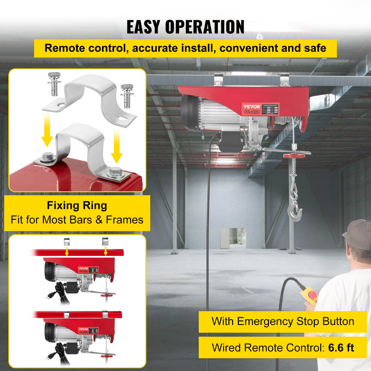 Electric Wire Cable Hoist Winch Crane Lift 2200LBS with 6.6ft Control Cord