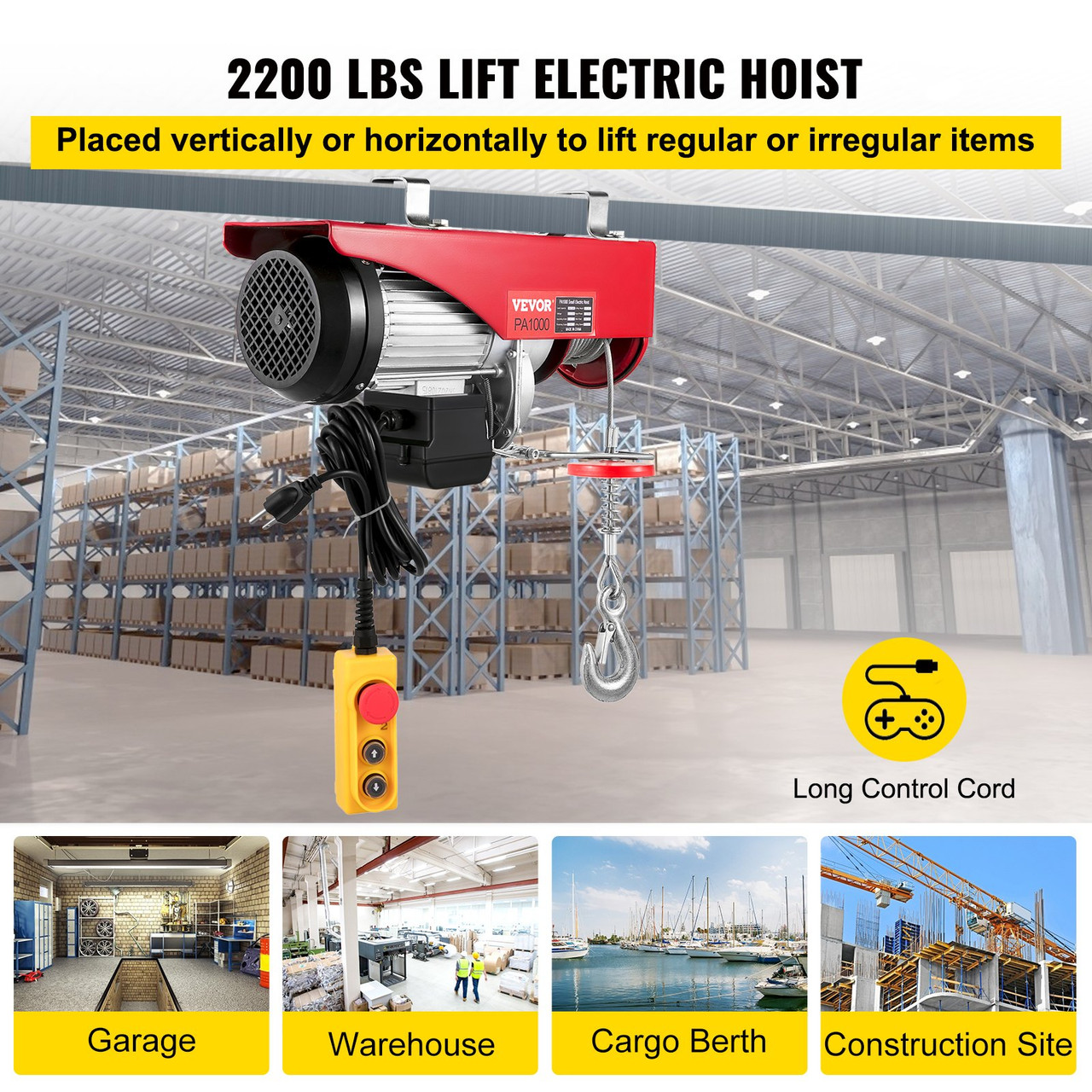 Electric Wire Cable Hoist Winch Crane Lift 2200LBS with 6.6ft Control Cord