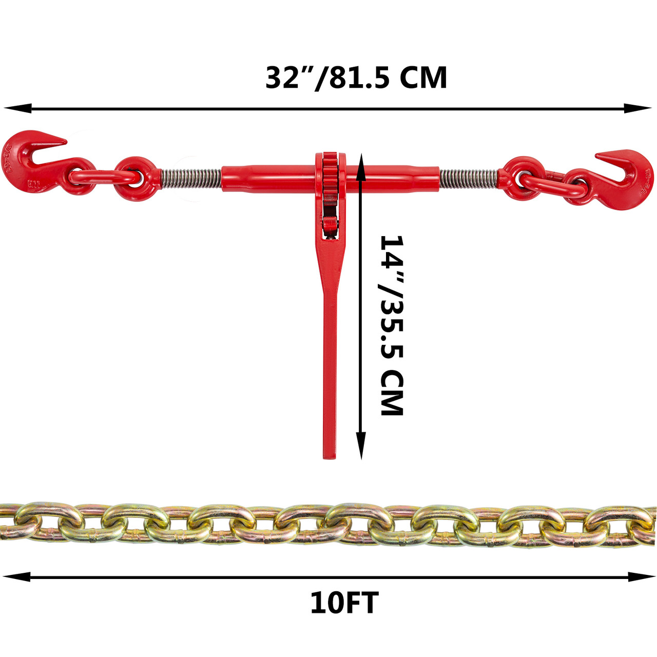 Chain and Binder Kit 3/8in-1/2in, Ratchet Load Binders 9215lbs Working Strength, Ratchet Binders and Chains, 3/8in x 10ft Chains w/ G70 Hooks, for Truck, Tie Down, Hauling, Towing