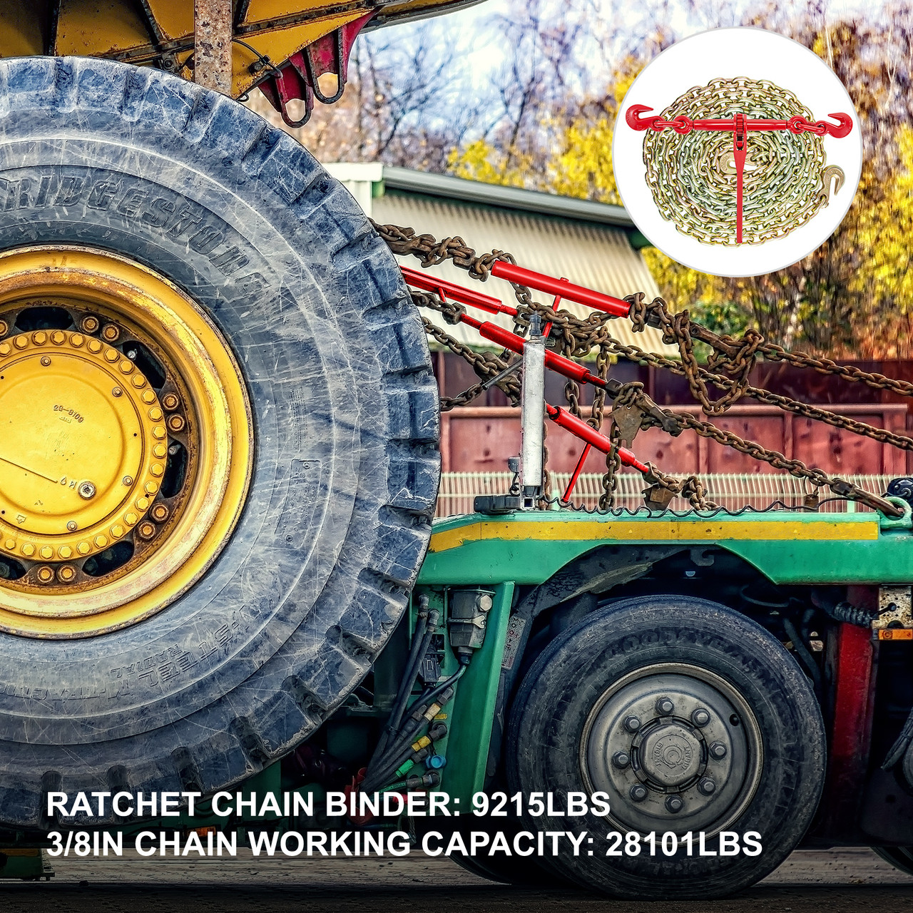 Chain and Binder Kit 3/8in-1/2in, Ratchet Load Binders 9215lbs Working Strength, Ratchet Binders and Chains, 3/8in x 10ft Chains w/ G70 Hooks, for Truck, Tie Down, Hauling, Towing