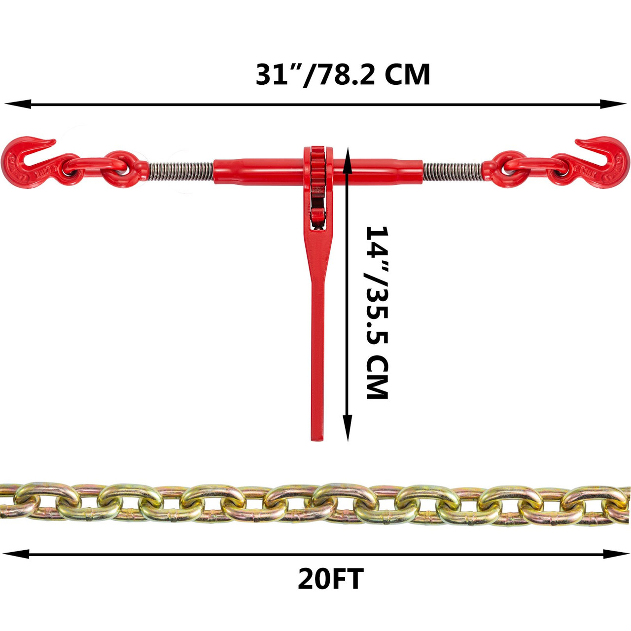 Chain and Binder Kit 5/16in-3/8in, Ratchet Load Binders 6600lbs Working Strength, Ratchet Binders and Chains, 5/16in x 20ft Chains w/ G70 Hooks, for Truck, Tie Down, Hauling, Towing