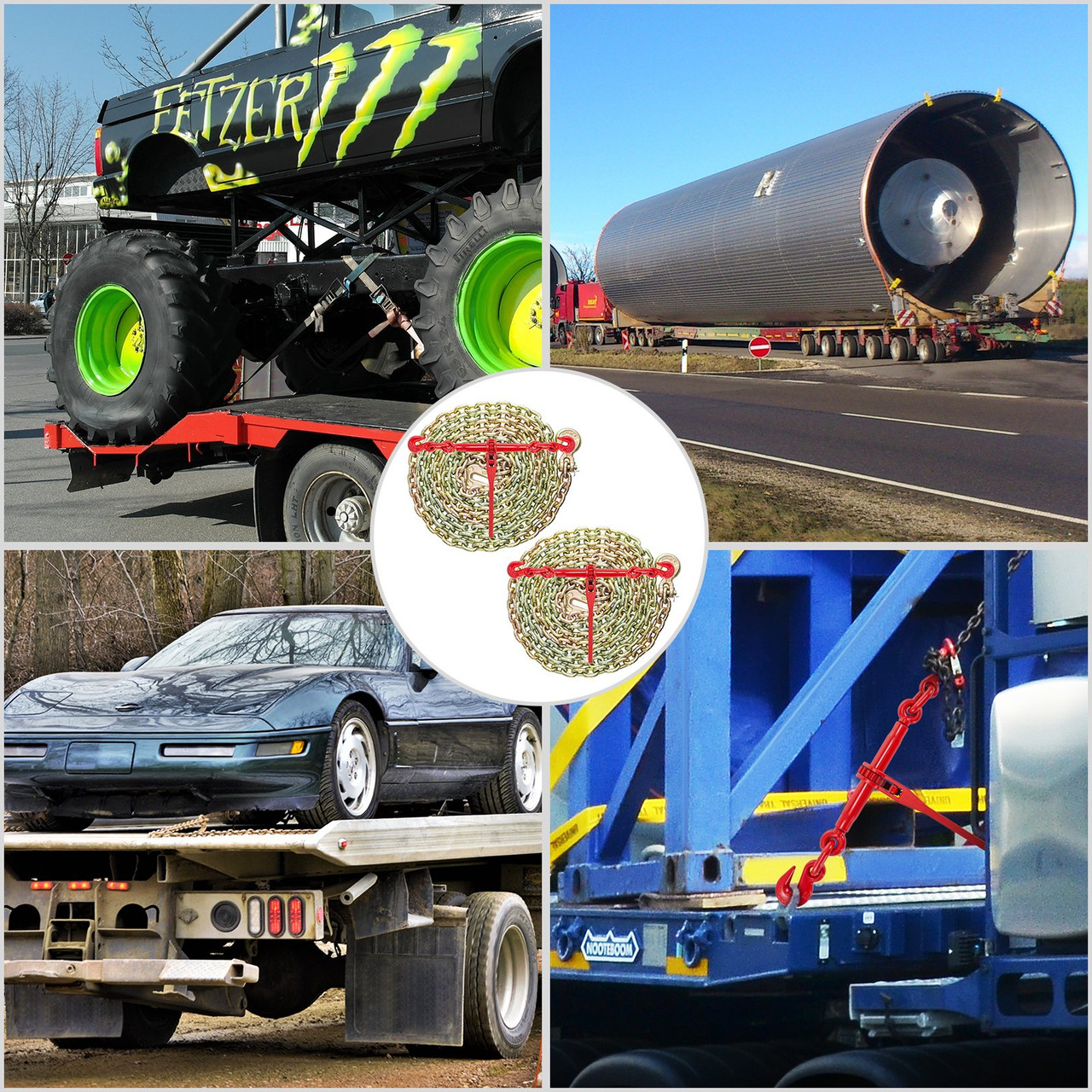 Chain and Binder Kit 5/16in-3/8in, Ratchet Load Binders 6600lbs Working Strength, Ratchet Binders and Chains, 5/16in x 20ft Chains w/ G70 Hooks, for Truck, Tie Down, Hauling, Towing