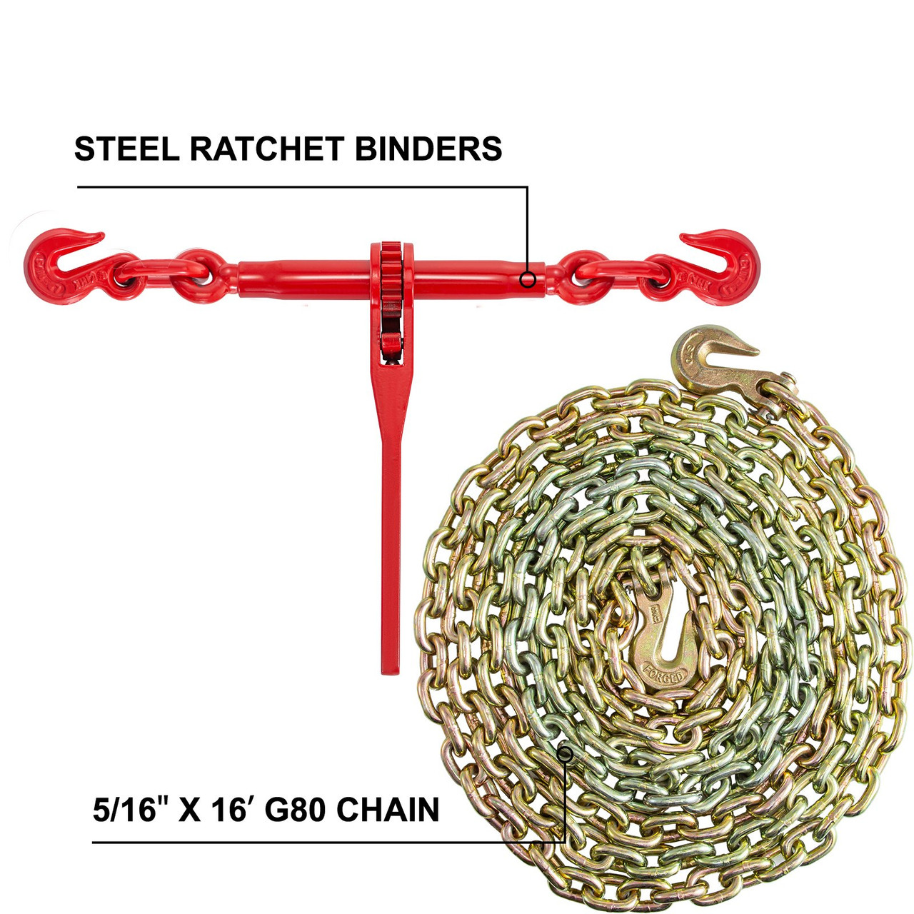 Chain and Binder Kit 5/16in-3/8in, Ratchet Load Binders 6600lbs Working Strength, Ratchet Binders and Chains, 5/16in x 20ft Chains w/ G70 Hooks, for Truck, Tie Down, Hauling, Towing