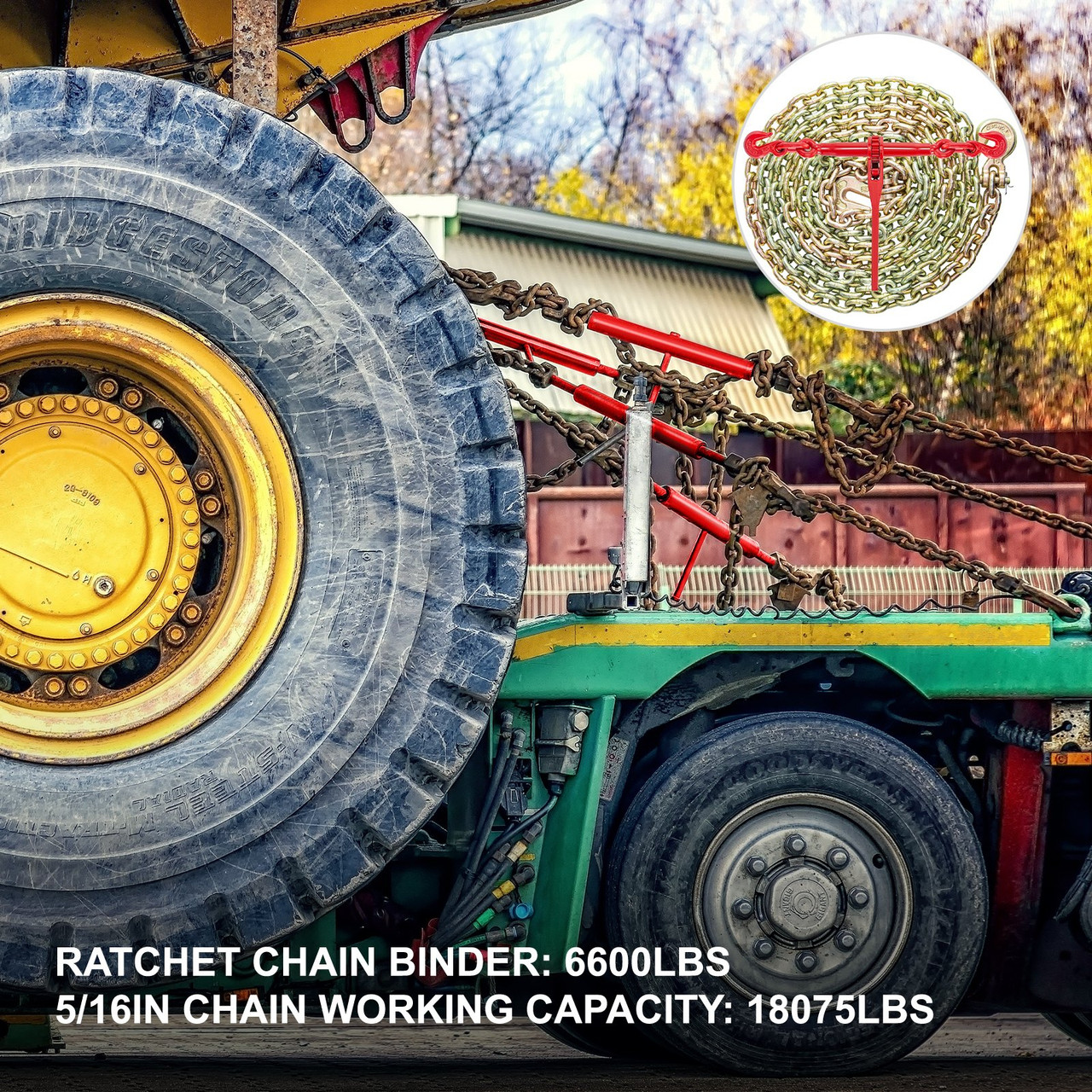Chain and Binder Kit 5/16in-3/8in, Ratchet Load Binders 6600lbs Working Strength, Ratchet Binders and Chains, 5/16in x 20ft Chains w/ G70 Hooks, for Truck, Tie Down, Hauling, Towing