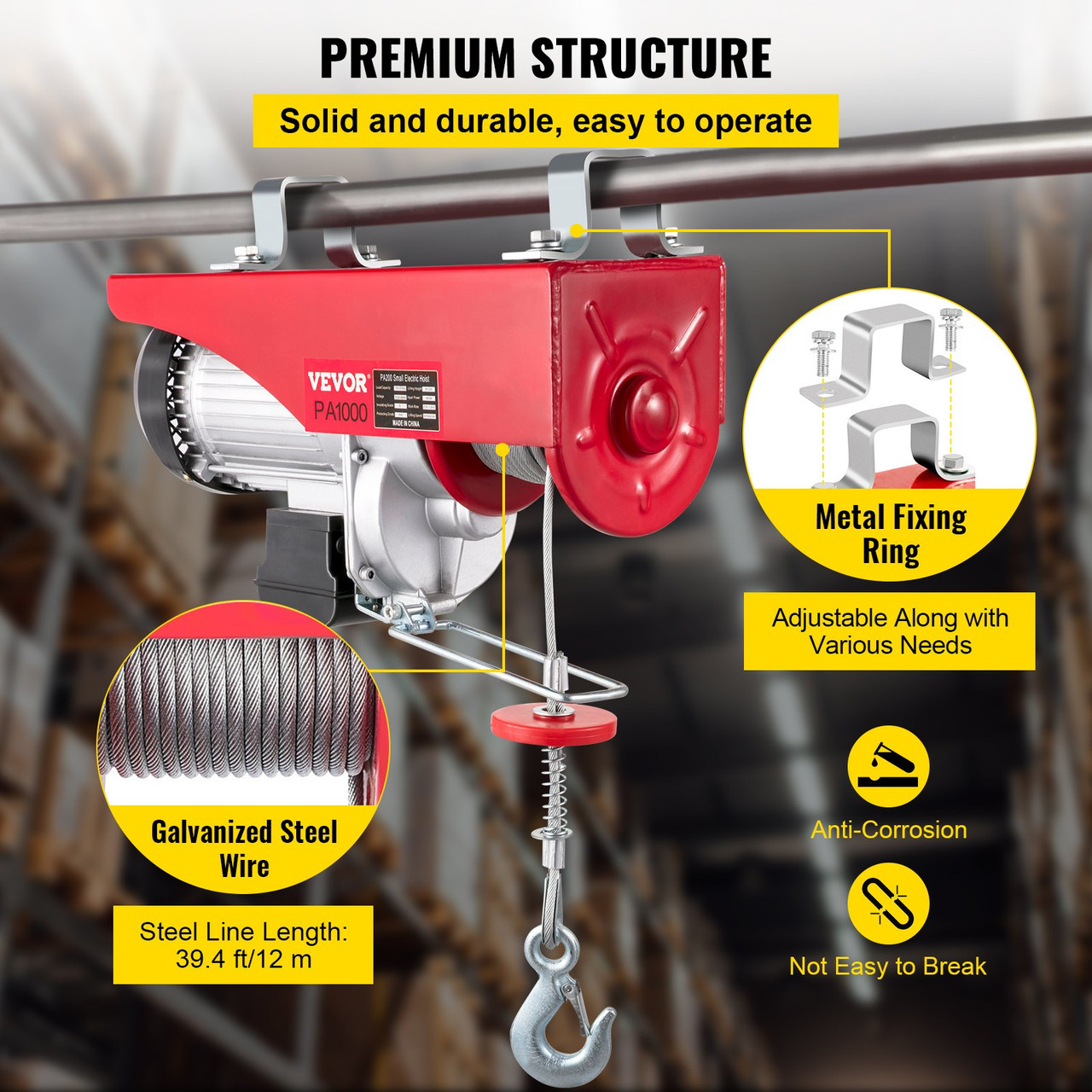 PA1000kg 2200LB Electric Wire Hoist Winch Hoist Crane Lift 40 ft Remote Control