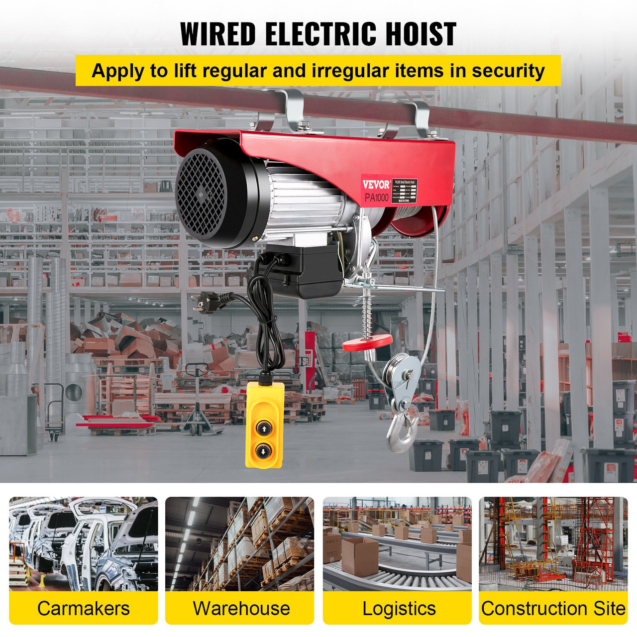 PA1000kg 2200LB Electric Wire Hoist Winch Hoist Crane Lift 40 ft Remote Control