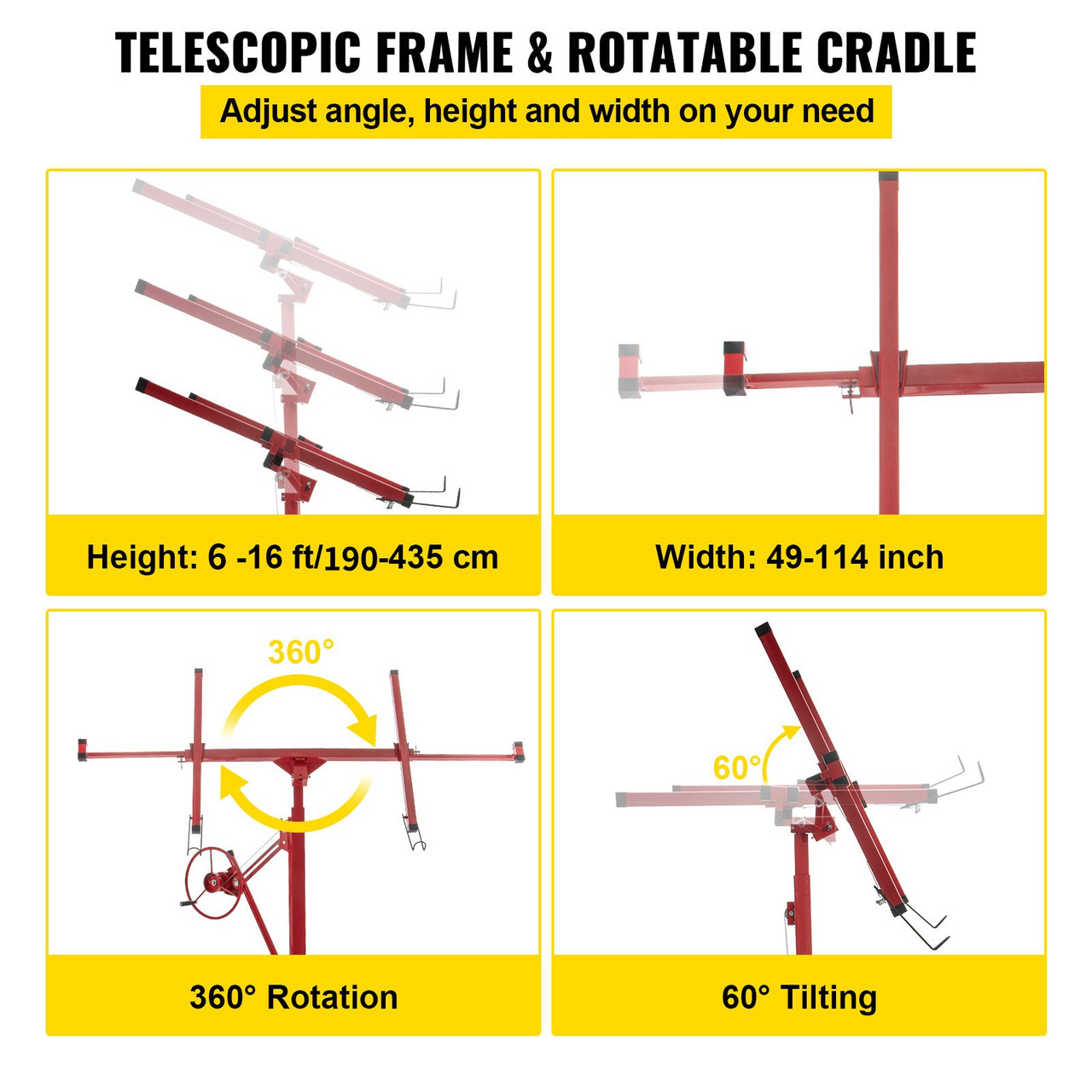 Drywall Rolling Lifter Panel, 16ft Sheetrock Lift Drywall Lift, 150lb Weight Capacity Panel Hoist Jack Tool, Steel Material w/Telescopic Arm & 3 Lockable Wheels, 48x192 in Plasterboard Size