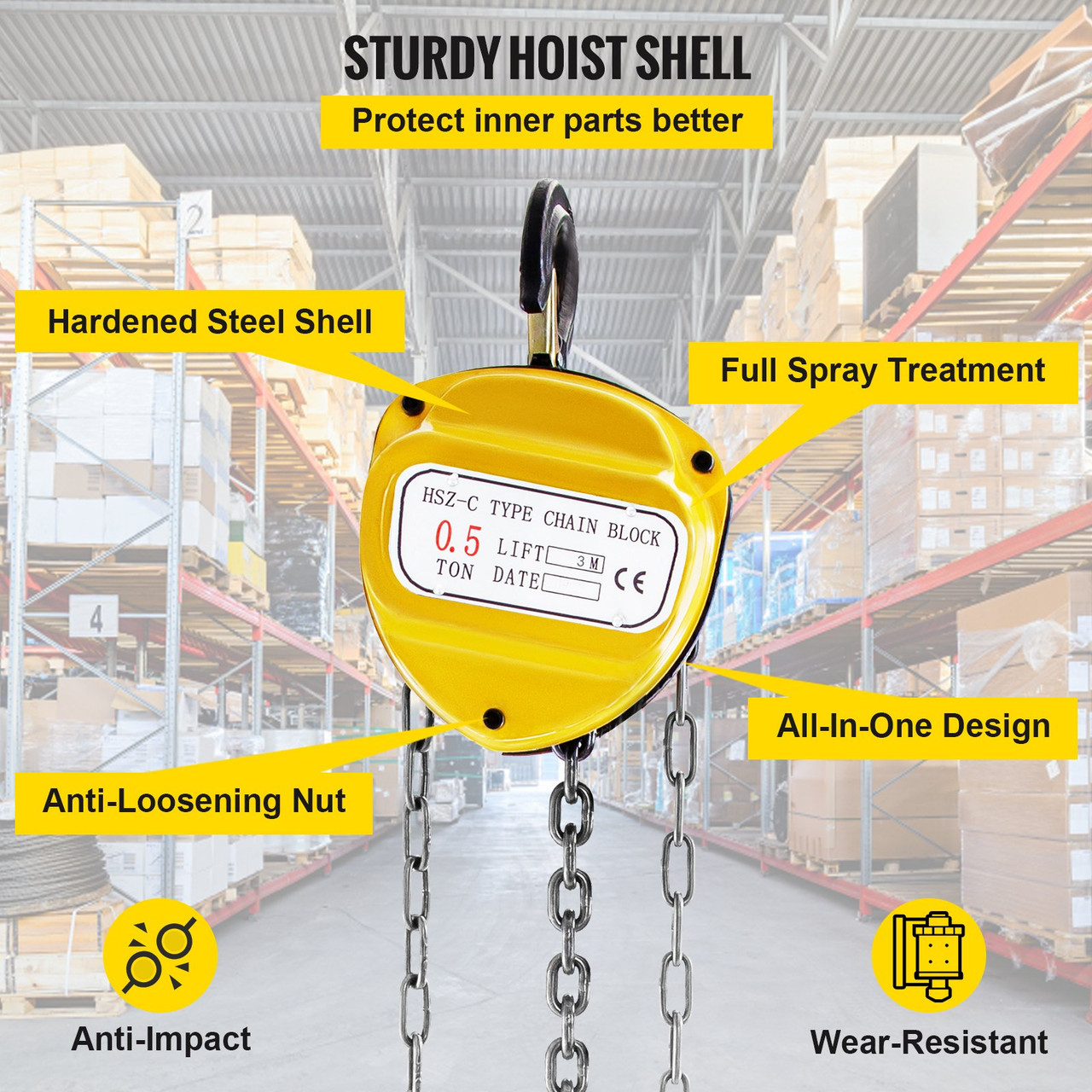 Chain Hoist Manual Chain Block 0.5 Ton 2 Hooks for Lifting Pulling Construction