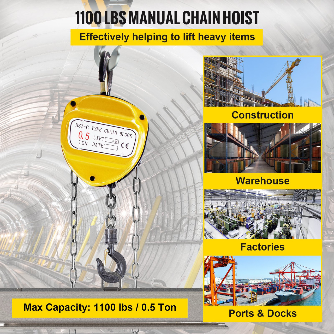 Chain Hoist Manual Chain Block 0.5 Ton 2 Hooks for Lifting Pulling Construction