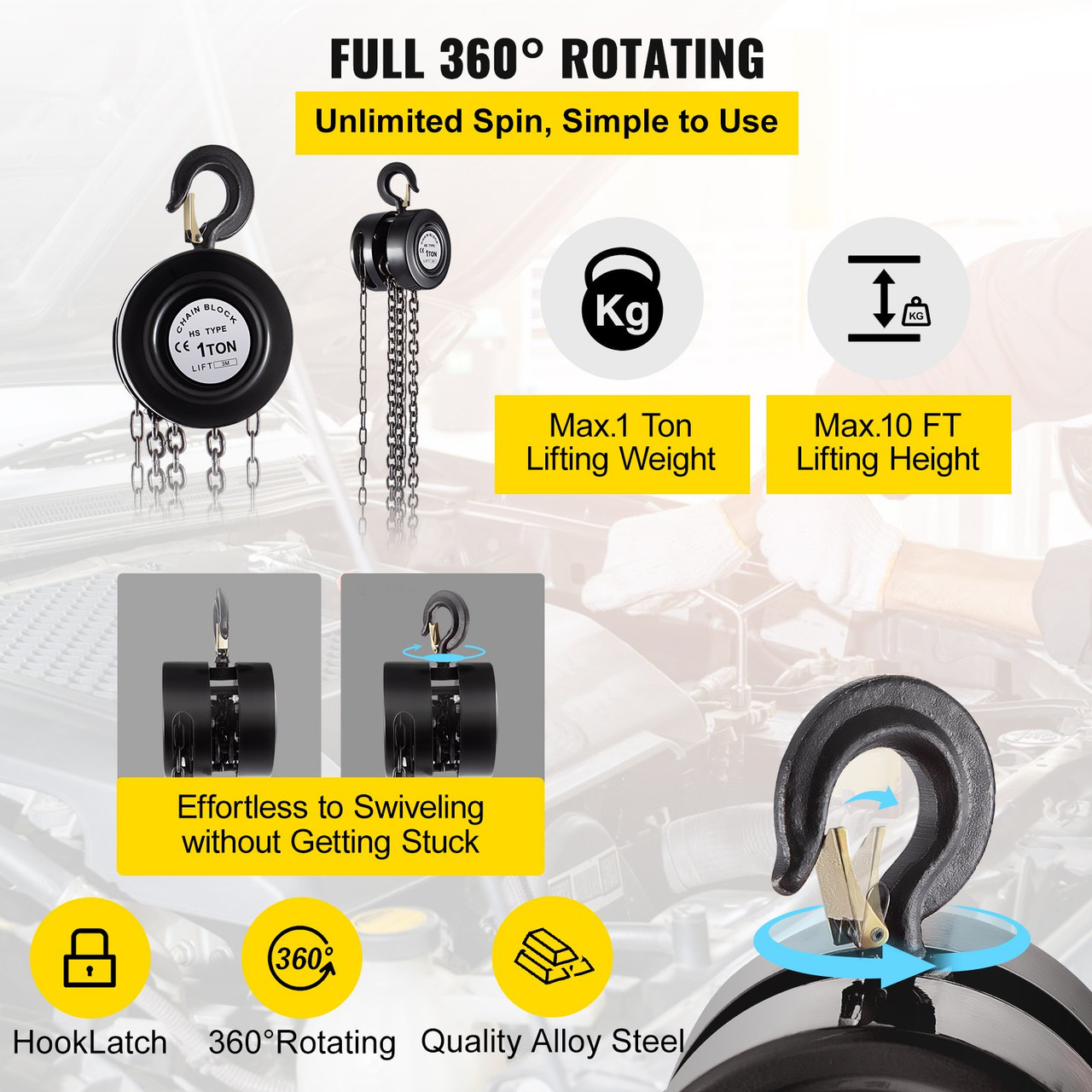Hand Chain Hoist, 2200 lbs /1 Ton Capacity Chain Block, 10ft/3m Lift Manual Hand Chain Block, Manual Hoist w/Industrial-Grade Steel Construction for Lifting Good in Transport & Workshop, Black