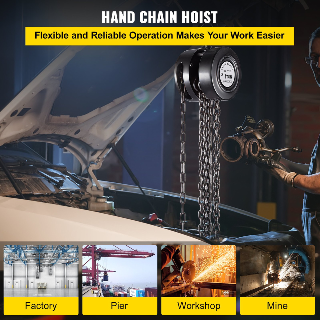 Hand Chain Hoist, 2200 lbs /1 Ton Capacity Chain Block, 10ft/3m Lift Manual Hand Chain Block, Manual Hoist w/Industrial-Grade Steel Construction for Lifting Good in Transport & Workshop, Black