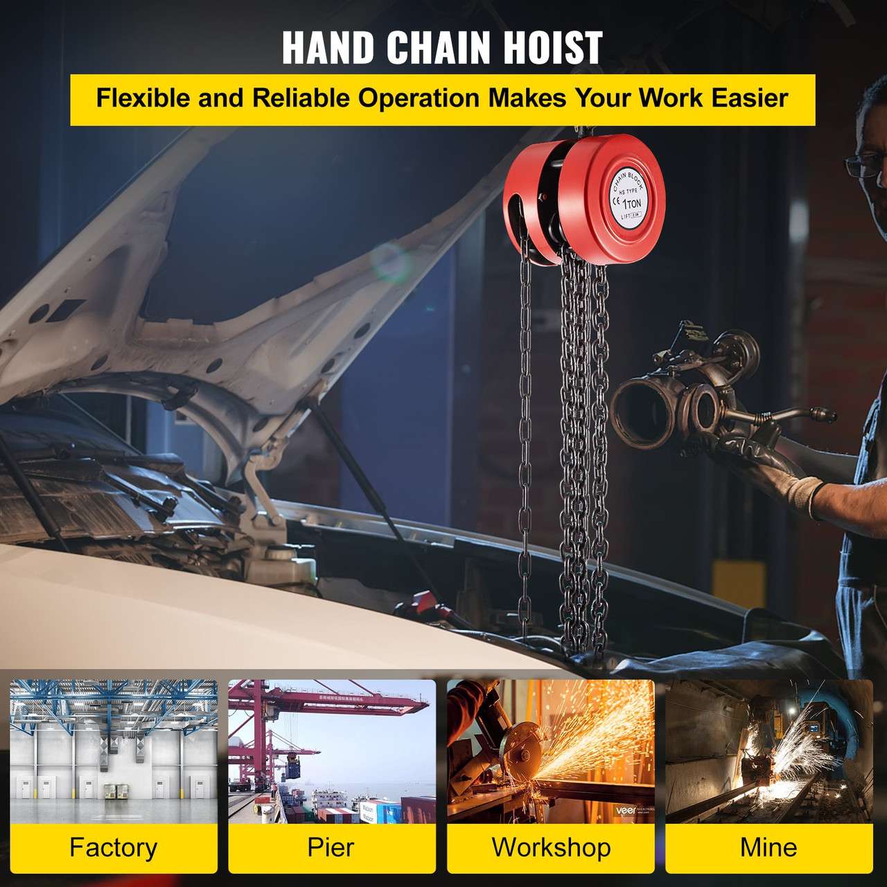 Hand Chain Hoist, 2200 lbs /1 Ton Capacity Chain Block, 8ft/2.5m Lift Manual Hand Chain Block, Manual Hoist w/Industrial-Grade Steel Construction for Lifting Good in Transport & Workshop, Red