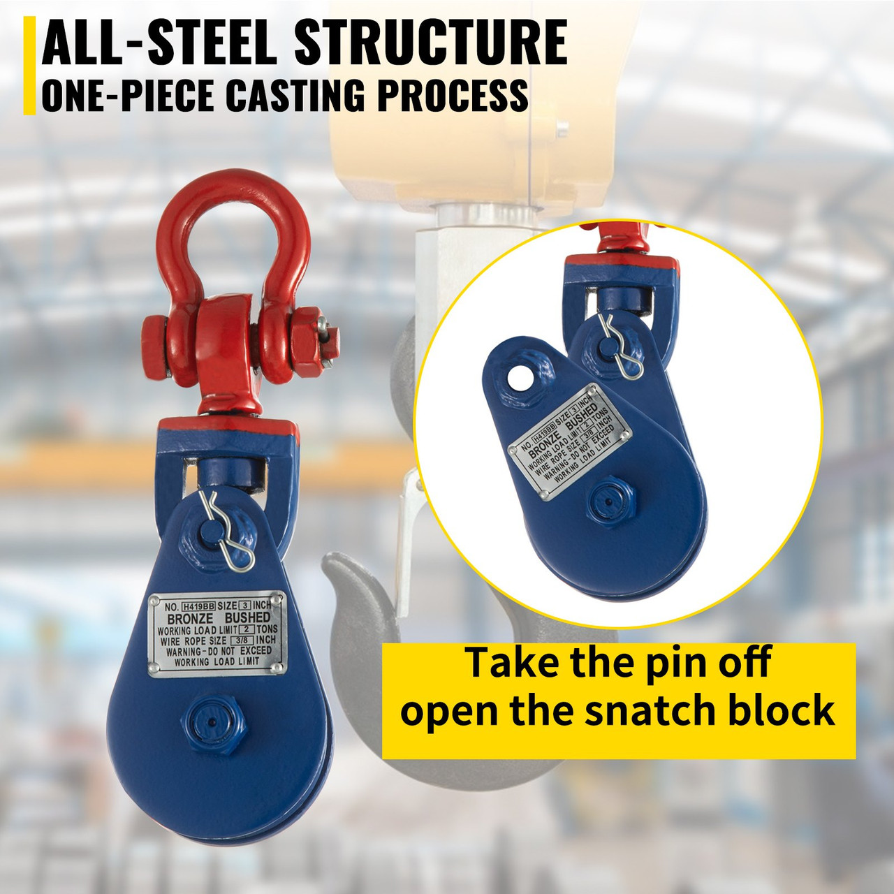 2ton Snatch Block with Chain, 4400 lbs Capacity Snatch Rigging Block, 3'' Single Sheave Block w/Swivel Hook, G70 Chain, Fit 3/8'' Wire Cable Heavy Duty for Pulling Wrecker Roll Back Recovery